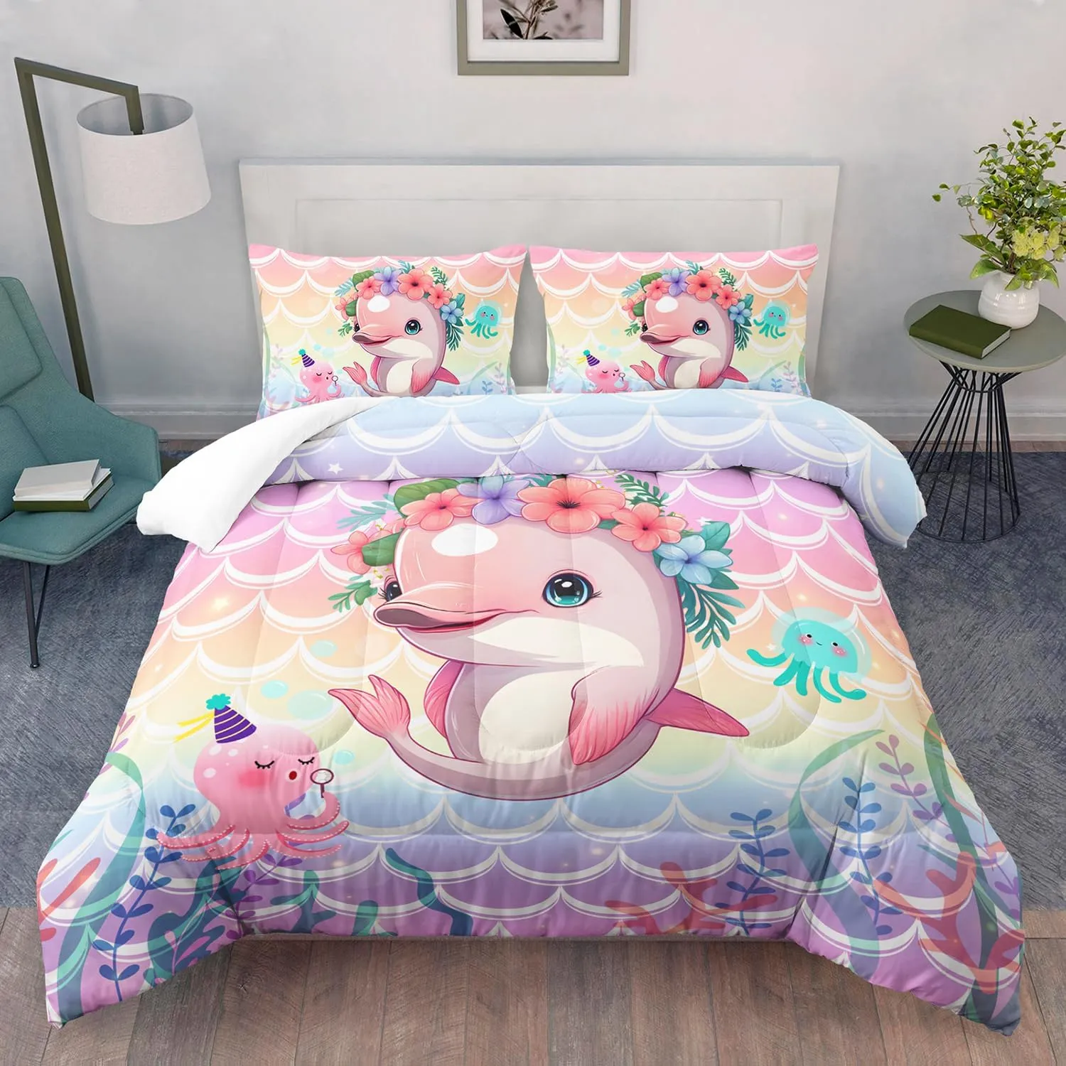 AILONEN Cute Dolphin Comforter Set Twin Size, Cute Pink Dolphin Bedding Set for Girls Teens,Flowers and Oceans Life Bed in a Bag,3 PCS,1 Quilt and 2 Pillowcases,Soft Microfiber