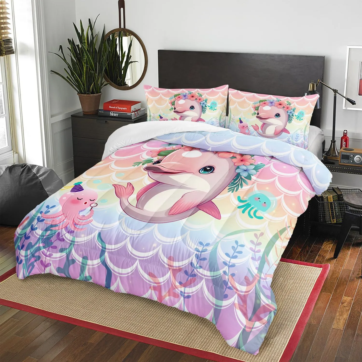 AILONEN Cute Dolphin Comforter Set Twin Size, Cute Pink Dolphin Bedding Set for Girls Teens,Flowers and Oceans Life Bed in a Bag,3 PCS,1 Quilt and 2 Pillowcases,Soft Microfiber