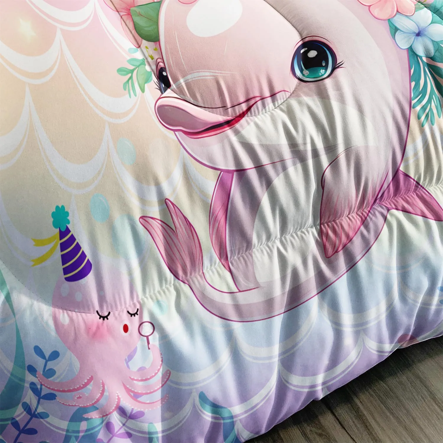 AILONEN Cute Dolphin Comforter Set Twin Size, Cute Pink Dolphin Bedding Set for Girls Teens,Flowers and Oceans Life Bed in a Bag,3 PCS,1 Quilt and 2 Pillowcases,Soft Microfiber