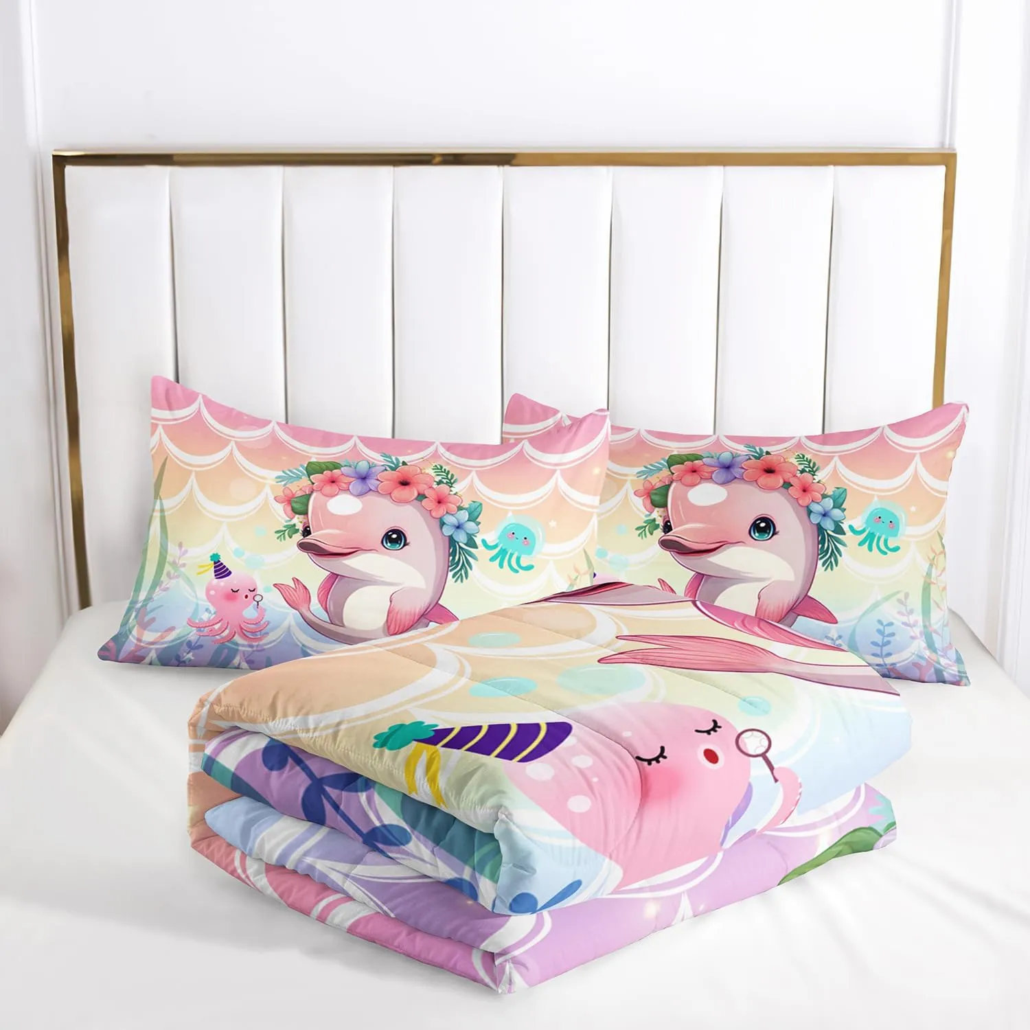 AILONEN Cute Dolphin Comforter Set Twin Size, Cute Pink Dolphin Bedding Set for Girls Teens,Flowers and Oceans Life Bed in a Bag,3 PCS,1 Quilt and 2 Pillowcases,Soft Microfiber