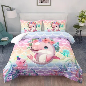 AILONEN Cute Dolphin Comforter Set Twin Size, Cute Pink Dolphin Bedding Set for Girls Teens,Flowers and Oceans Life Bed in a Bag,3 PCS,1 Quilt and 2 Pillowcases,Soft Microfiber