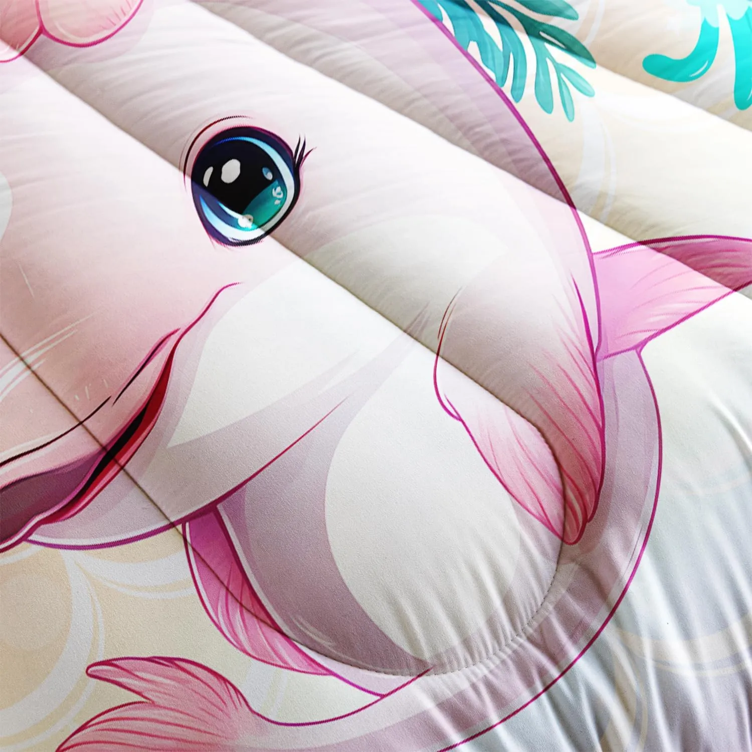 AILONEN Cute Dolphin Comforter Set Twin Size, Cute Pink Dolphin Bedding Set for Girls Teens,Flowers and Oceans Life Bed in a Bag,3 PCS,1 Quilt and 2 Pillowcases,Soft Microfiber