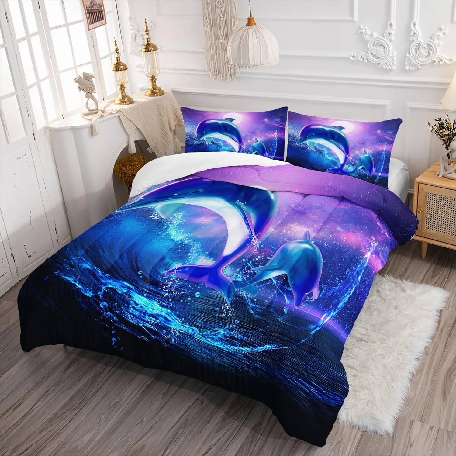 AILONEN Dolphin Comforter Set Full Size, Starry Sky Sea Water Bedding Set for Kids Girls,Jumping Dolphin with Moon Bed in a Bag Duvet Set,3 Pieces,1 Quilt and 2 Pillowcases,Soft Microfiber