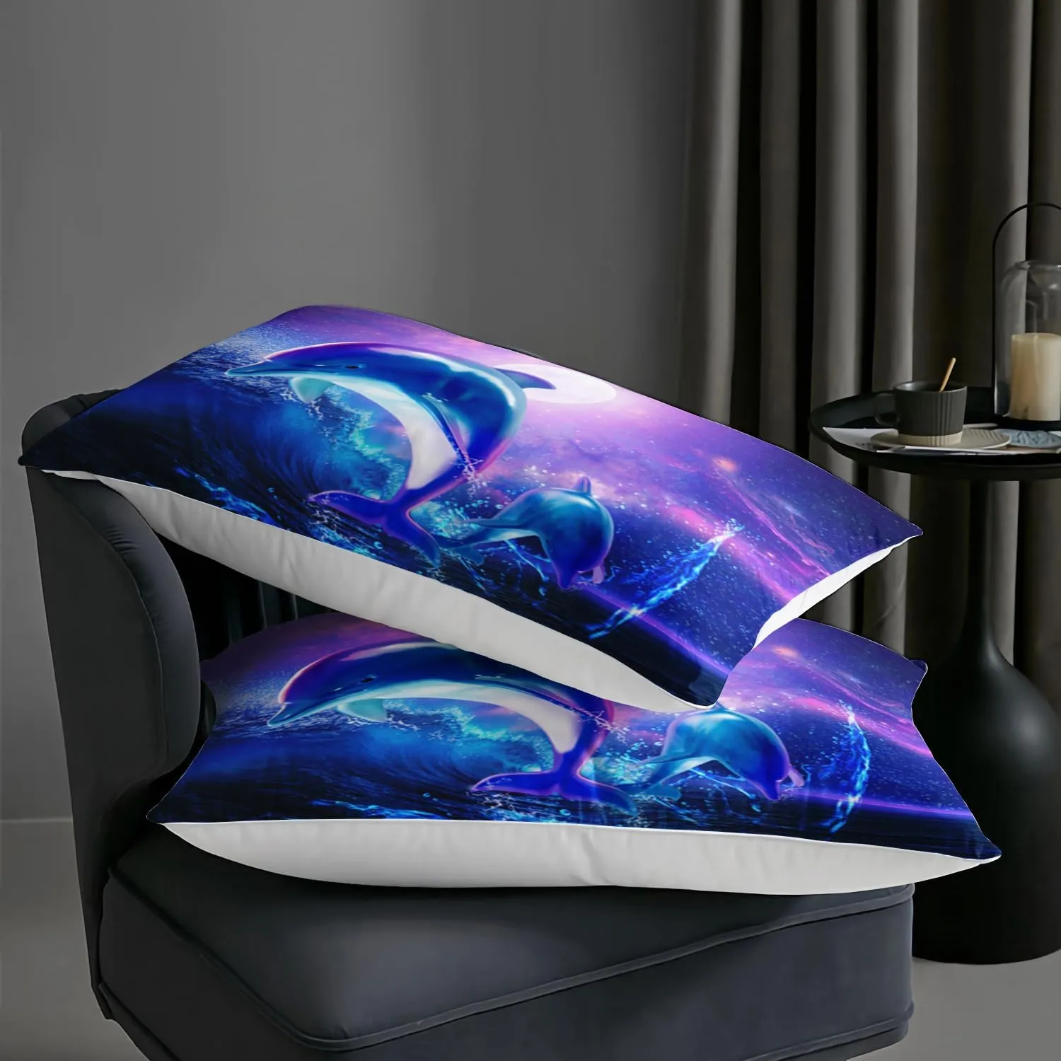 AILONEN Dolphin Comforter Set Full Size, Starry Sky Sea Water Bedding Set for Kids Girls,Jumping Dolphin with Moon Bed in a Bag Duvet Set,3 Pieces,1 Quilt and 2 Pillowcases,Soft Microfiber
