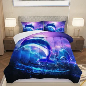 AILONEN Dolphin Comforter Set Full Size, Starry Sky Sea Water Bedding Set for Kids Girls,Jumping Dolphin with Moon Bed in a Bag Duvet Set,3 Pieces,1 Quilt and 2 Pillowcases,Soft Microfiber