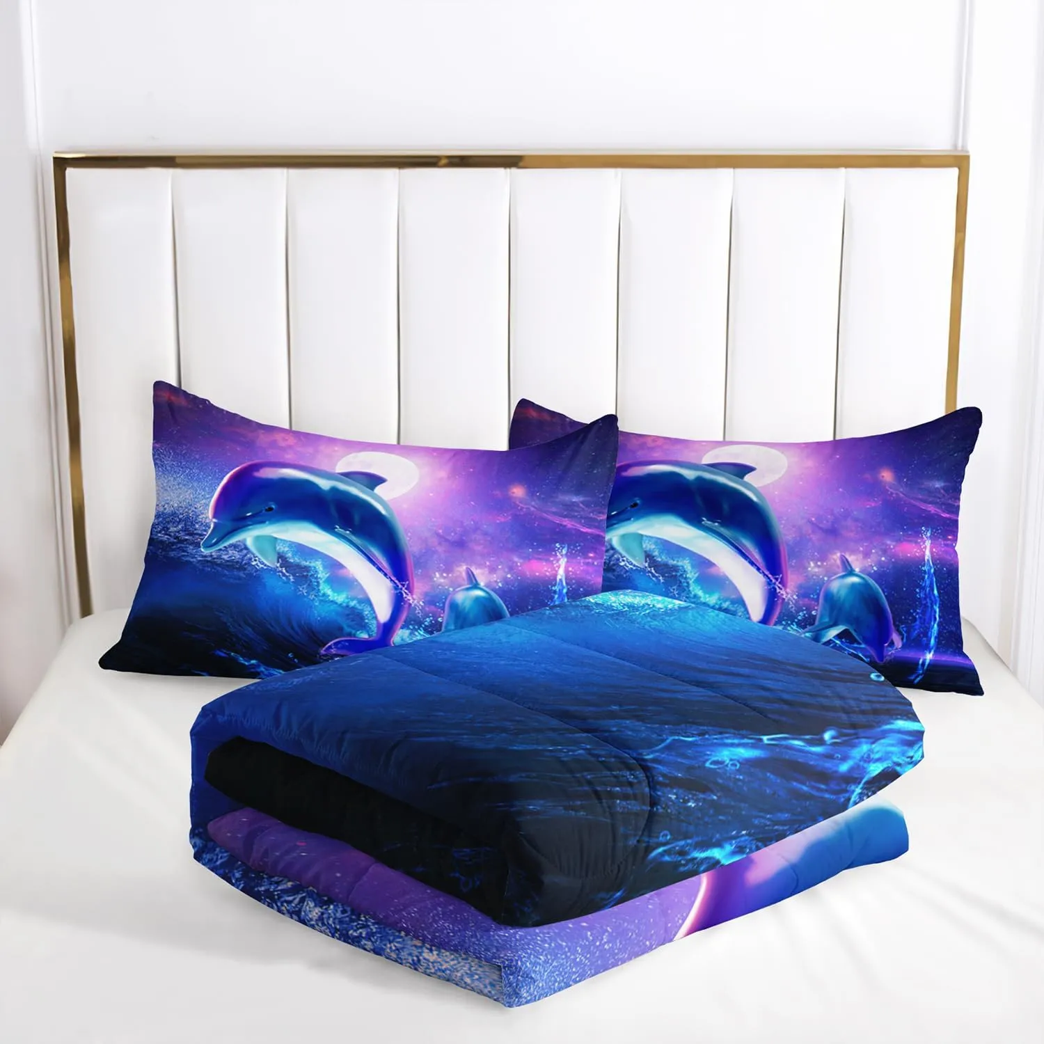AILONEN Dolphin Comforter Set Full Size, Starry Sky Sea Water Bedding Set for Kids Girls,Jumping Dolphin with Moon Bed in a Bag Duvet Set,3 Pieces,1 Quilt and 2 Pillowcases,Soft Microfiber