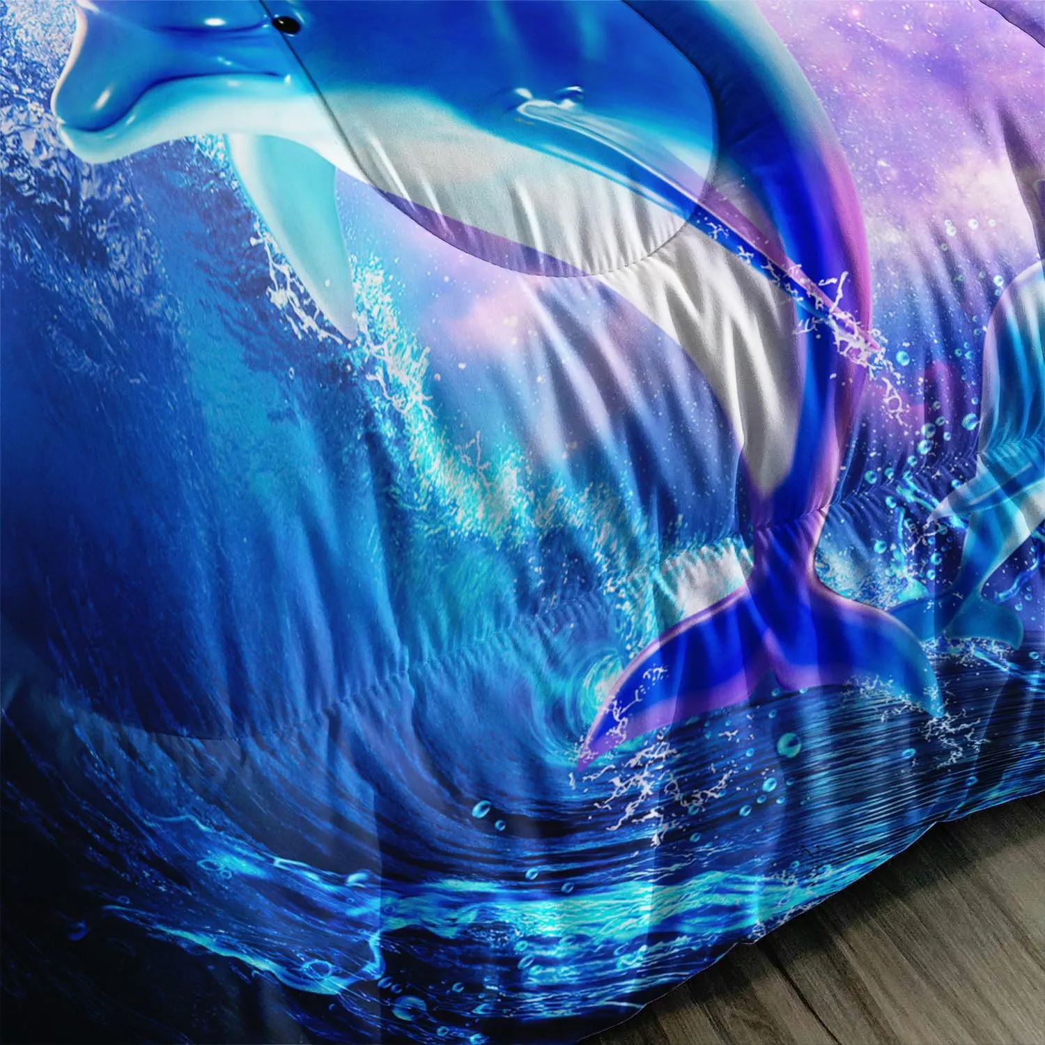 AILONEN Dolphin Comforter Set Full Size, Starry Sky Sea Water Bedding Set for Kids Girls,Jumping Dolphin with Moon Bed in a Bag Duvet Set,3 Pieces,1 Quilt and 2 Pillowcases,Soft Microfiber