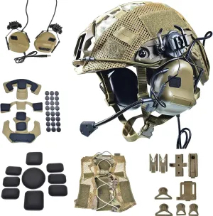 Airsoft Fast Helmet Set Tactical Paintball Helmet with Military Headset and Helmet Cover Memory Foam Protective Pad Adjustable Size for Adult and Teenager