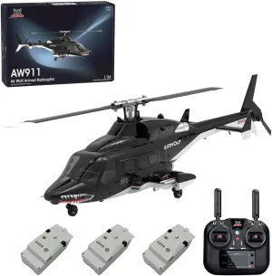 Airwolf RC Helicopter for Adults, WOLFBUSH AW-911 Aircraft, 1/34 Scale 2.4G 9CH Flybarless with 6G/3D Stunt Mode,RC Helicopter Model with GPS Positioning (RTF Version/3 Batteries)