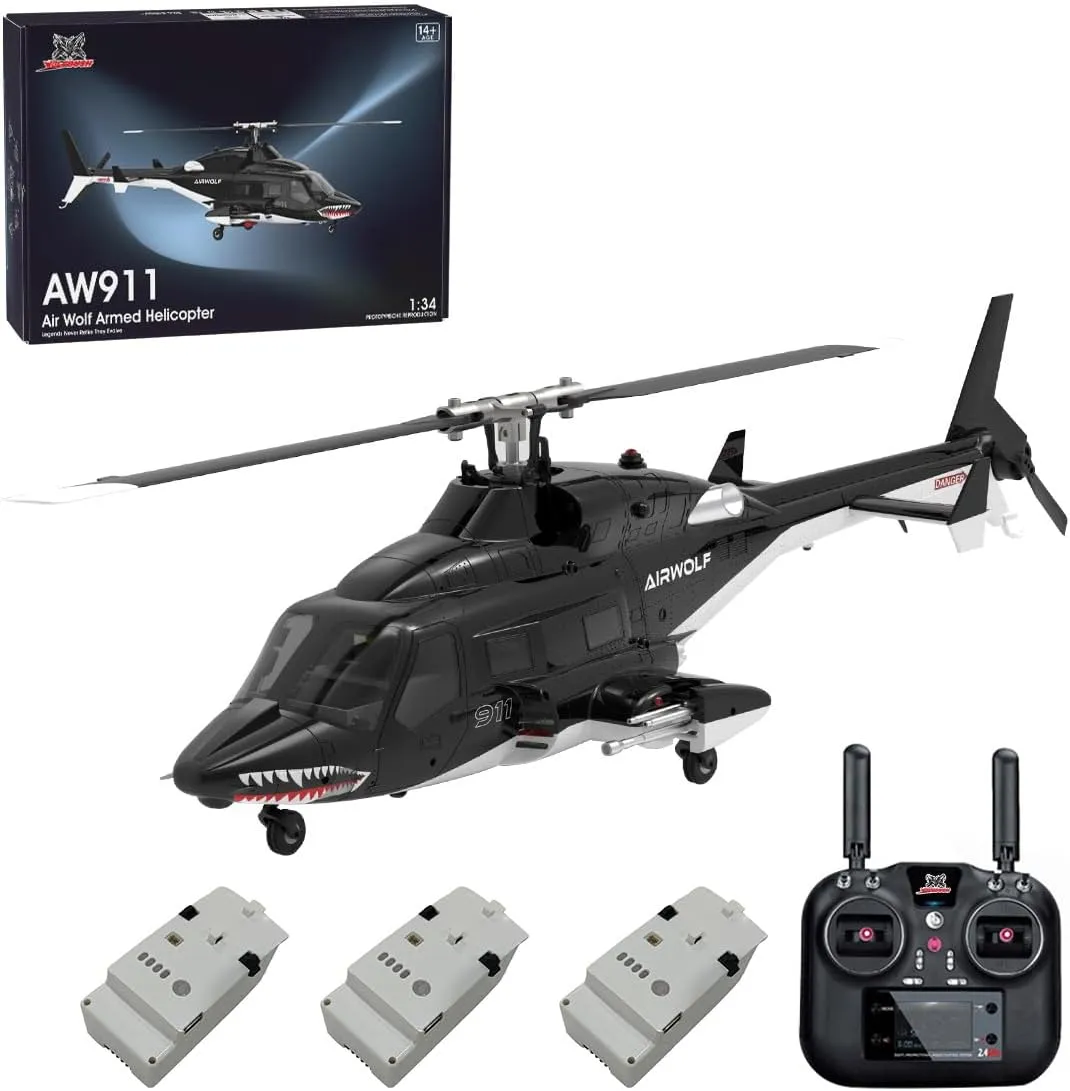 Airwolf RC Helicopter for Adults, WOLFBUSH AW-911 Aircraft, 1/34 Scale 2.4G 9CH Flybarless with 6G/3D Stunt Mode,RC Helicopter Model with GPS Positioning (RTF Version/3 Batteries)