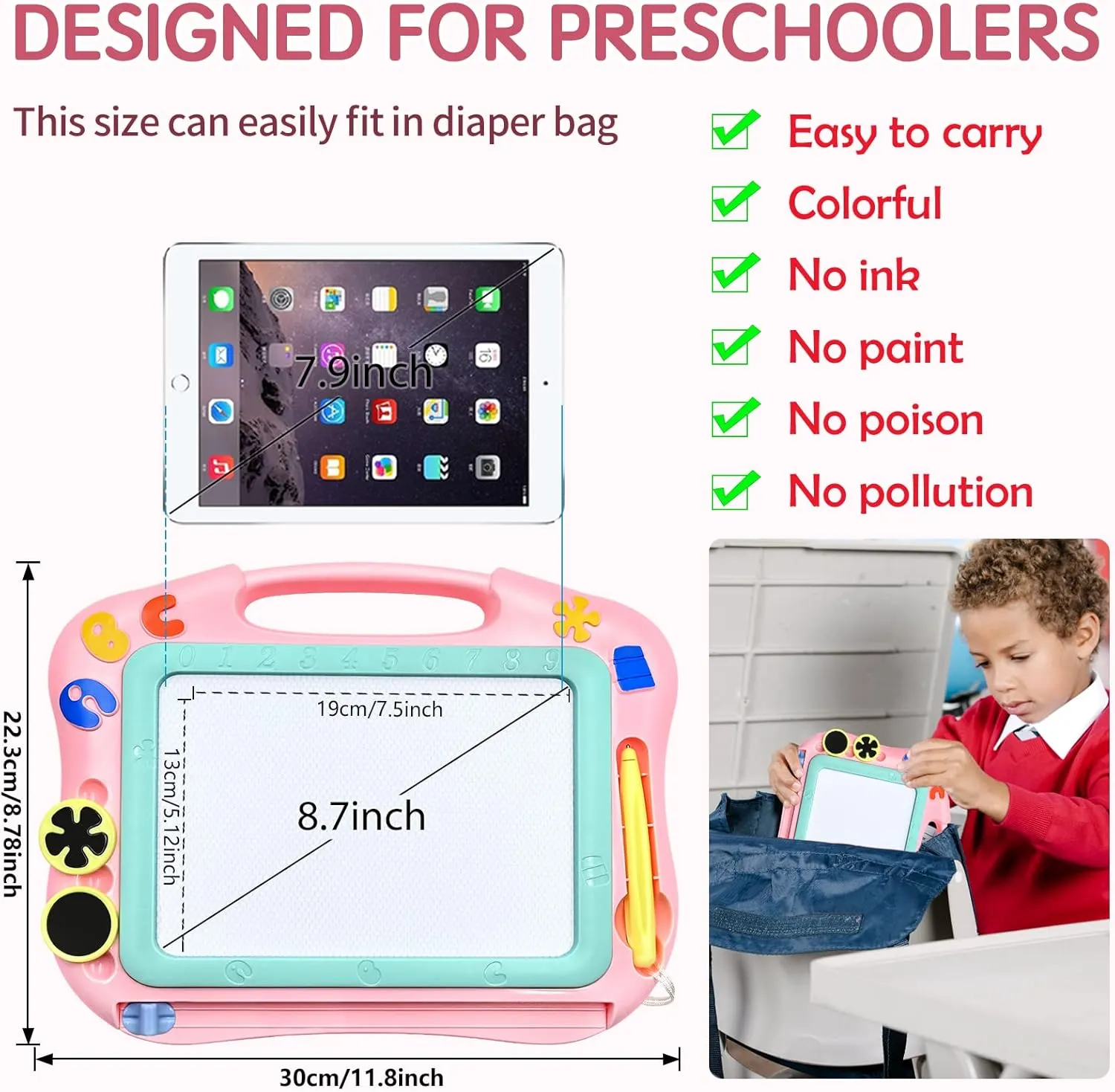 AiTuiTui Magnetic Drawing Board Toddler Toys for 3 4 5 Years Old, Travel Size Erasable Doodle Sketching Writing Pad for Kids in Car, Early Education Learning Skill Development Toddler Toys