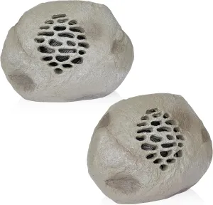 Alpine Corporation QLP952SLR-GR-2 Solar Bluetooth Enabled Rock Speaker, Audio for Pool, Deck, & Patio, 9" H, Gray, Set of 2