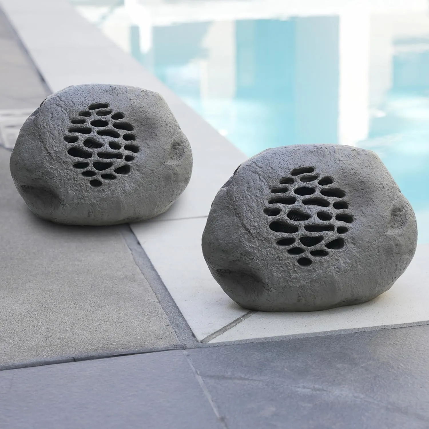 Alpine Corporation QLP952SLR-GR-2 Solar Bluetooth Enabled Rock Speaker, Audio for Pool, Deck, & Patio, 9" H, Gray, Set of 2
