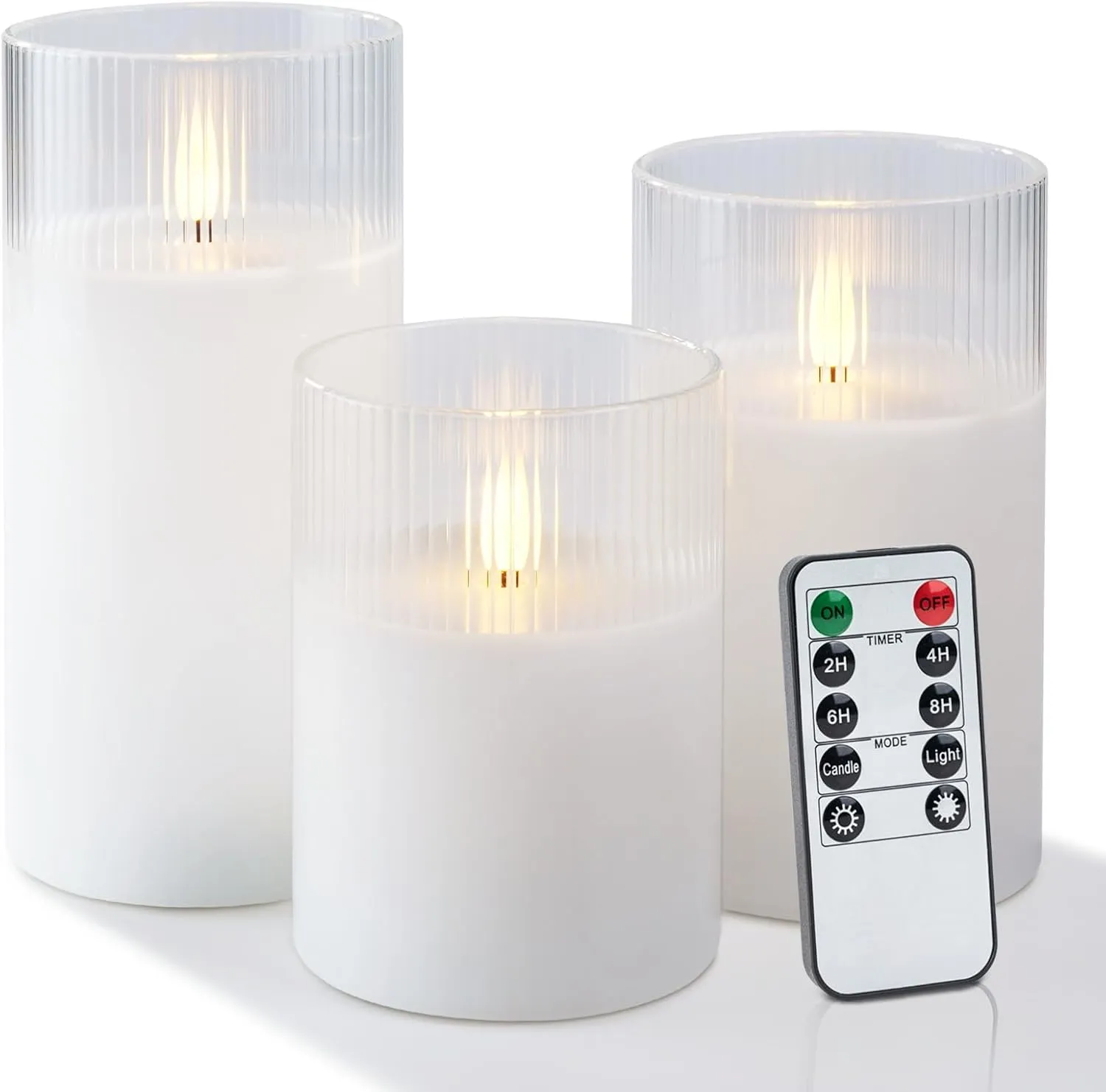Amagic Glass Flameless Candles with Remote, Battery Operated Candles with Timer, Real Wax LED Pillar Candles with Flickering Flame for Home Wedding Fall Decor, White, Set of 3