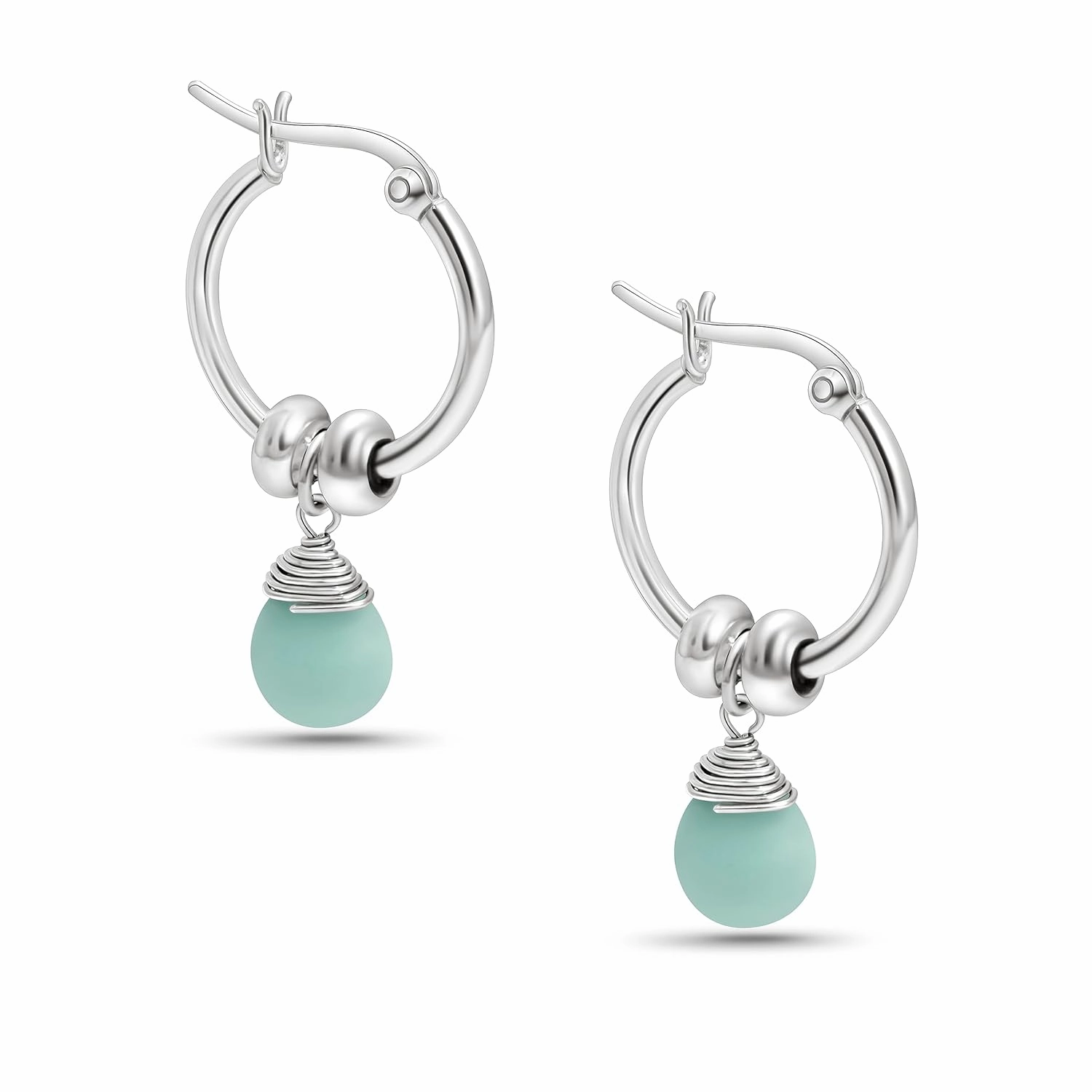 Amazonite Hoop Earrings in 925 Sterling Silver - Drop Earrings for Women - September Birthstone 7x10mm Flat Pear Shape Vintage Small Gemstone - Trendy Handmade Classic Elegant Jewelry Gift for Women