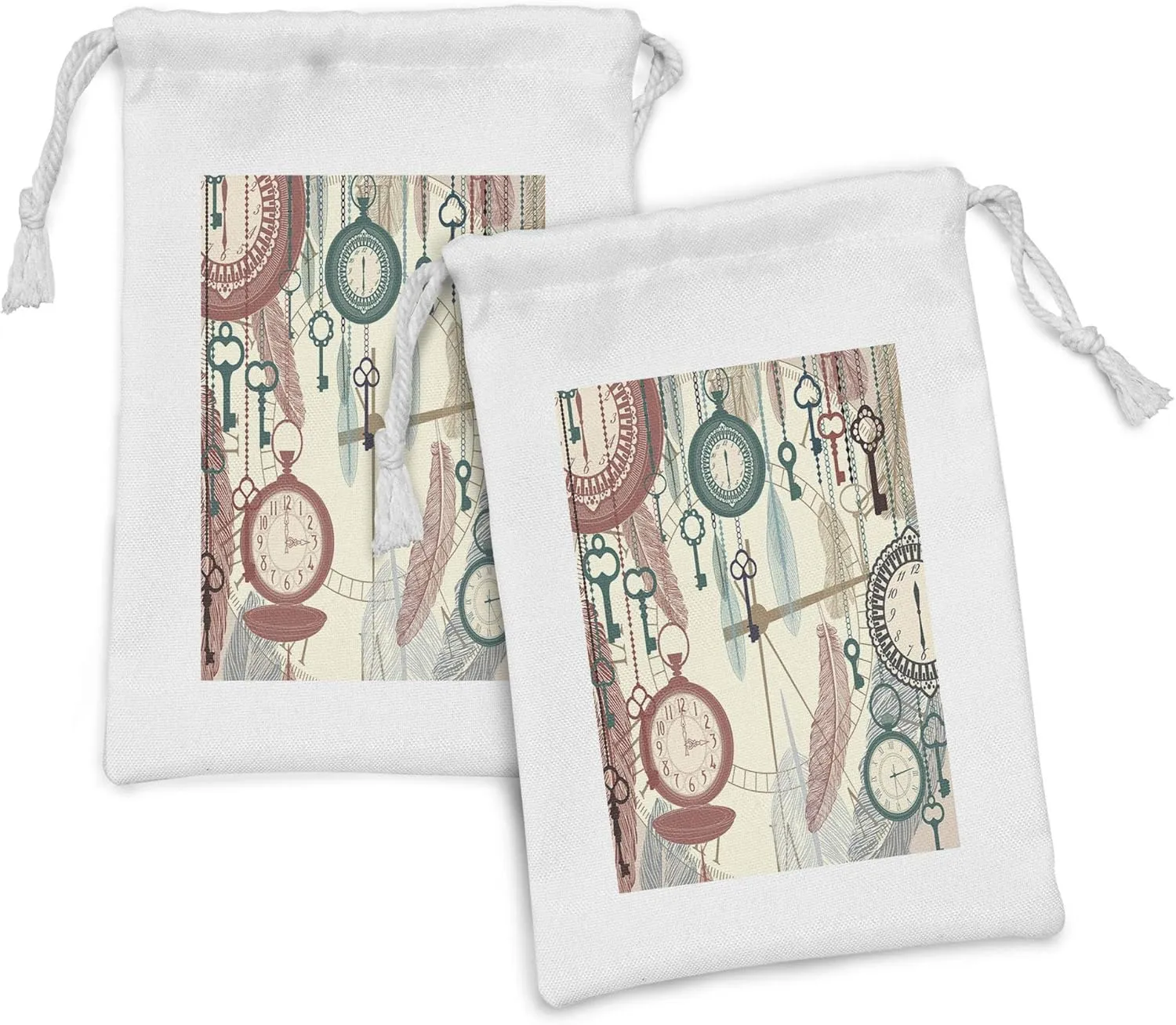 Ambesonne Antique Fabric Pouch Set of 2, Traditional Pocket Watches with Feather and Old Key Portable Time Flies Art Theme, Small Drawstring Bag for Toiletries Masks and Favors, 9" x 6", Multicolor