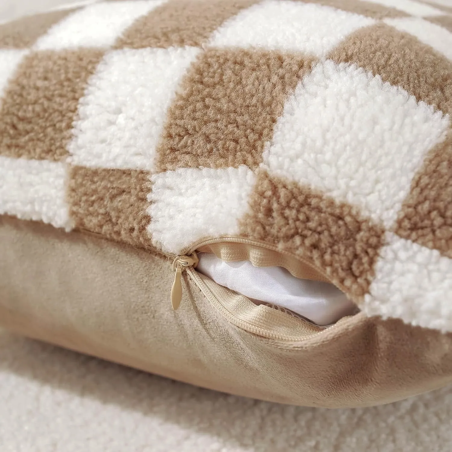 AmHoo Pack of 2 Decorative Throw Pillow Covers Checkerboard Luxury Super Soft Faux Fur Wool Set Case Cushion for Couch Sofa Bedroom 26 x 26-Inch Camel