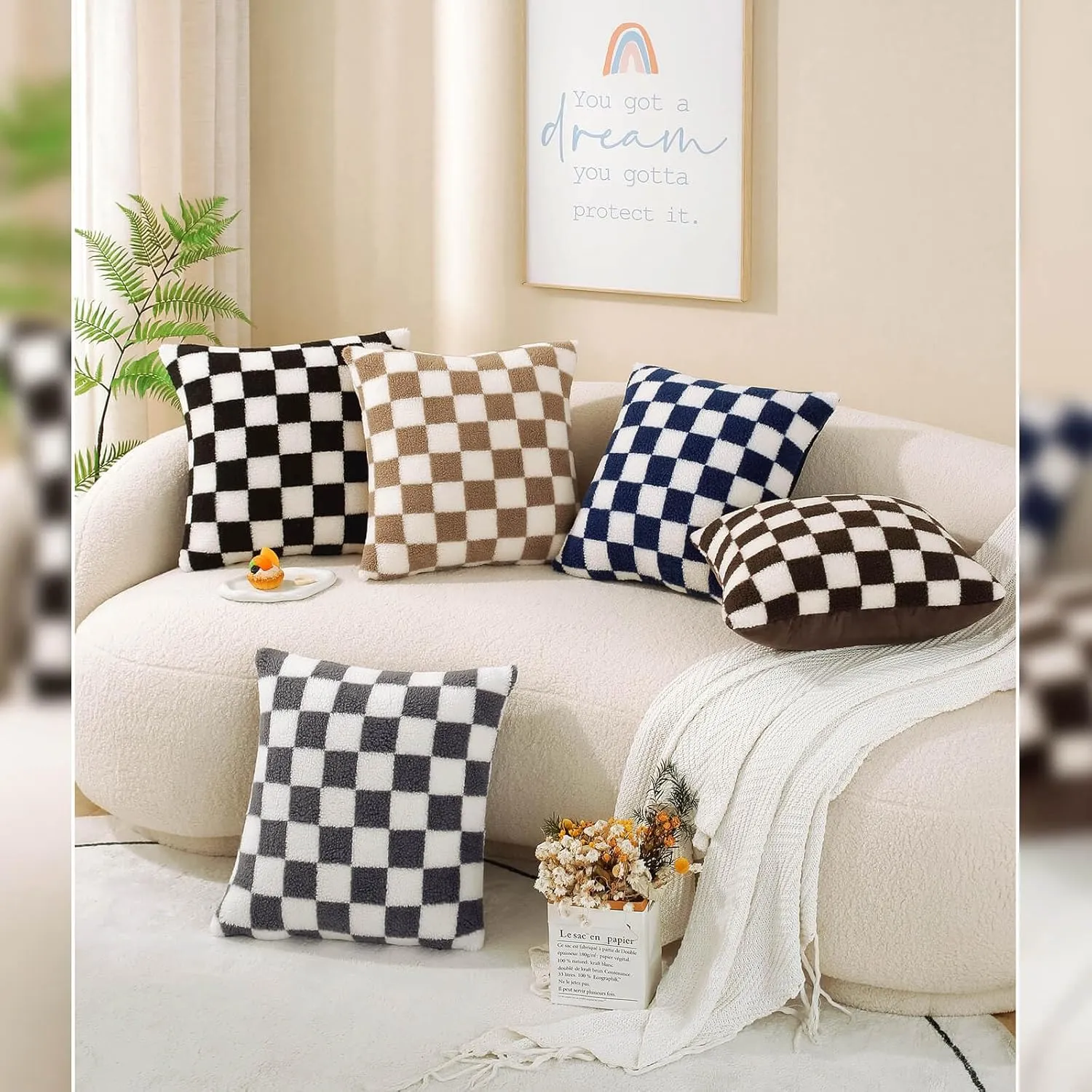 AmHoo Pack of 2 Decorative Throw Pillow Covers Checkerboard Luxury Super Soft Faux Fur Wool Set Case Cushion for Couch Sofa Bedroom 26 x 26-Inch Camel