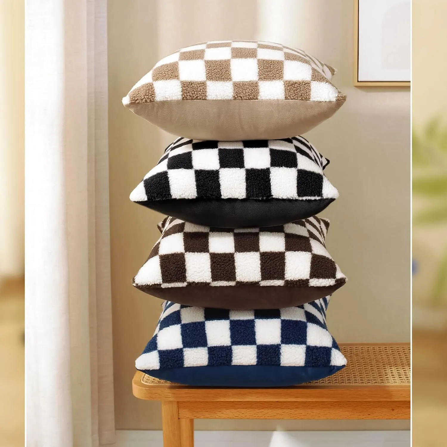 AmHoo Pack of 2 Decorative Throw Pillow Covers Checkerboard Luxury Super Soft Faux Fur Wool Set Case Cushion for Couch Sofa Bedroom 26 x 26-Inch Camel