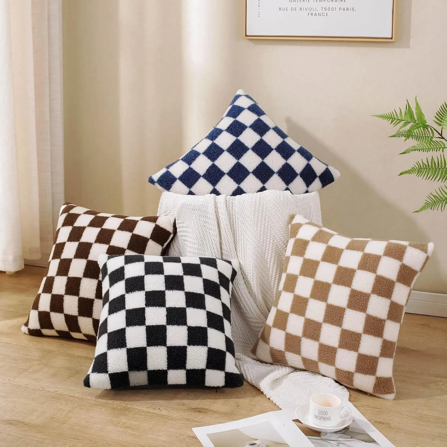 AmHoo Pack of 2 Decorative Throw Pillow Covers Checkerboard Luxury Super Soft Faux Fur Wool Set Case Cushion for Couch Sofa Bedroom 26 x 26-Inch Camel