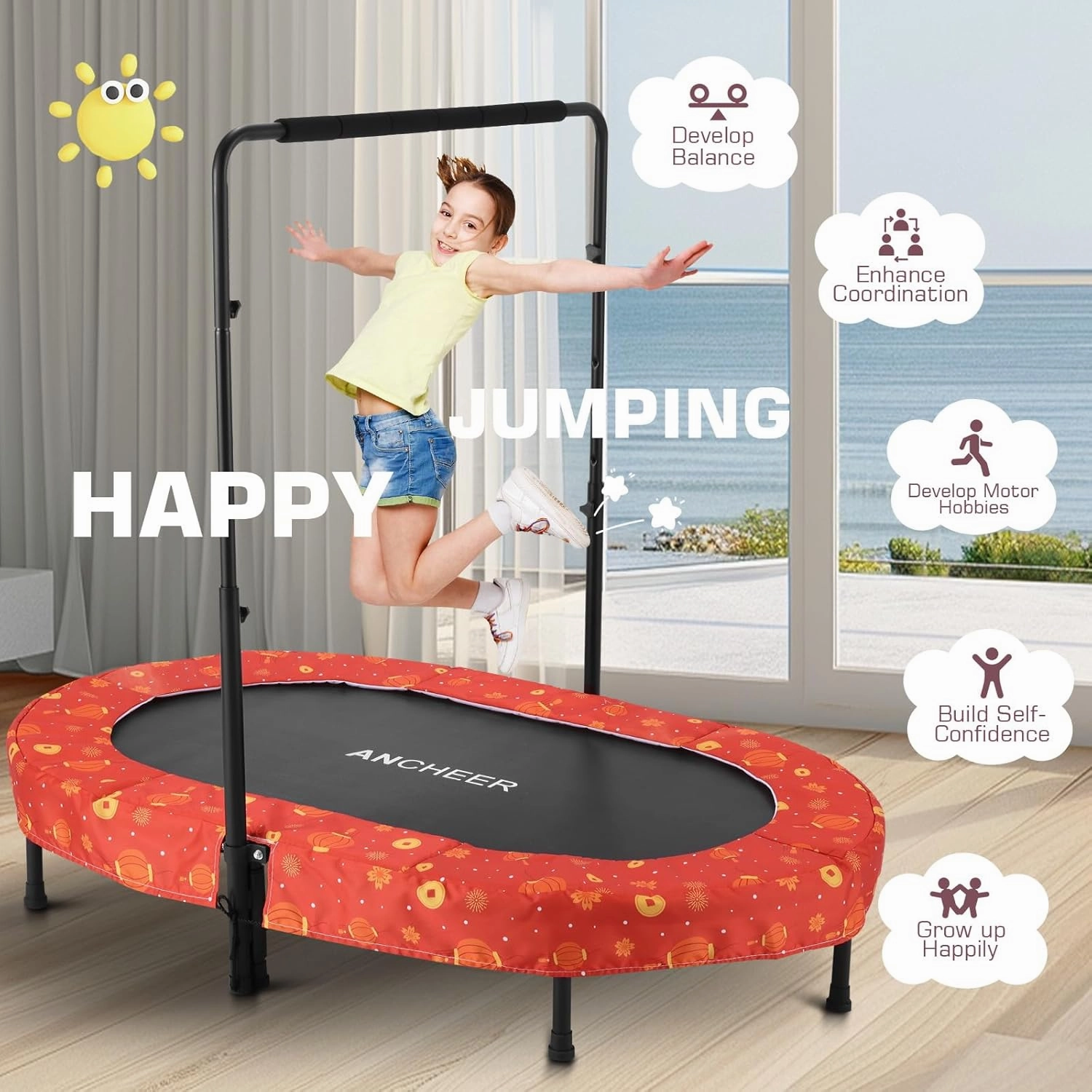 ANCHEER 56" Double Mini Trampoline for Kids, Mini Rebounder with 5-Level Adjustable Handle, Parent-Child Trampoline for Kids, Max Load 220lbs, Fun for Indoor/Outdoor