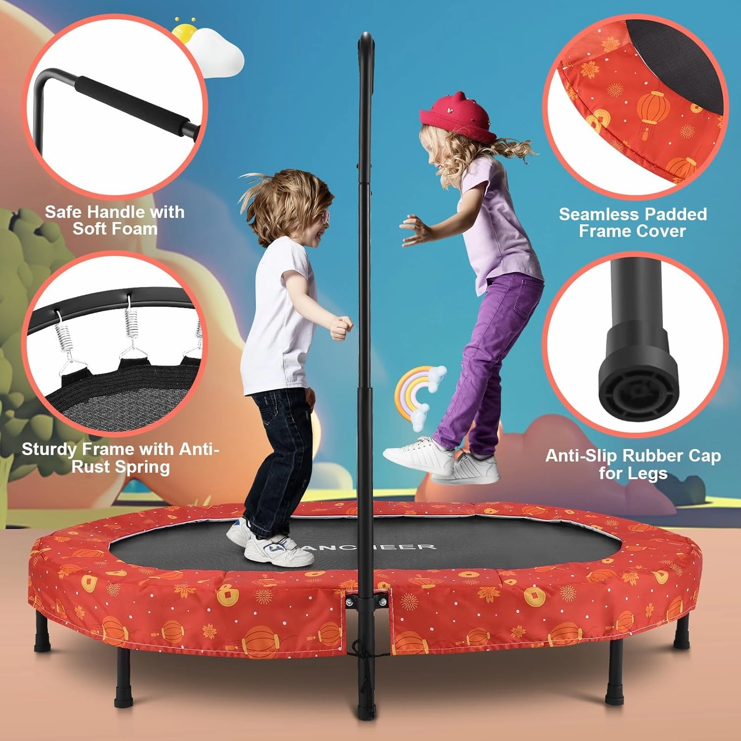 ANCHEER 56" Double Mini Trampoline for Kids, Mini Rebounder with 5-Level Adjustable Handle, Parent-Child Trampoline for Kids, Max Load 220lbs, Fun for Indoor/Outdoor