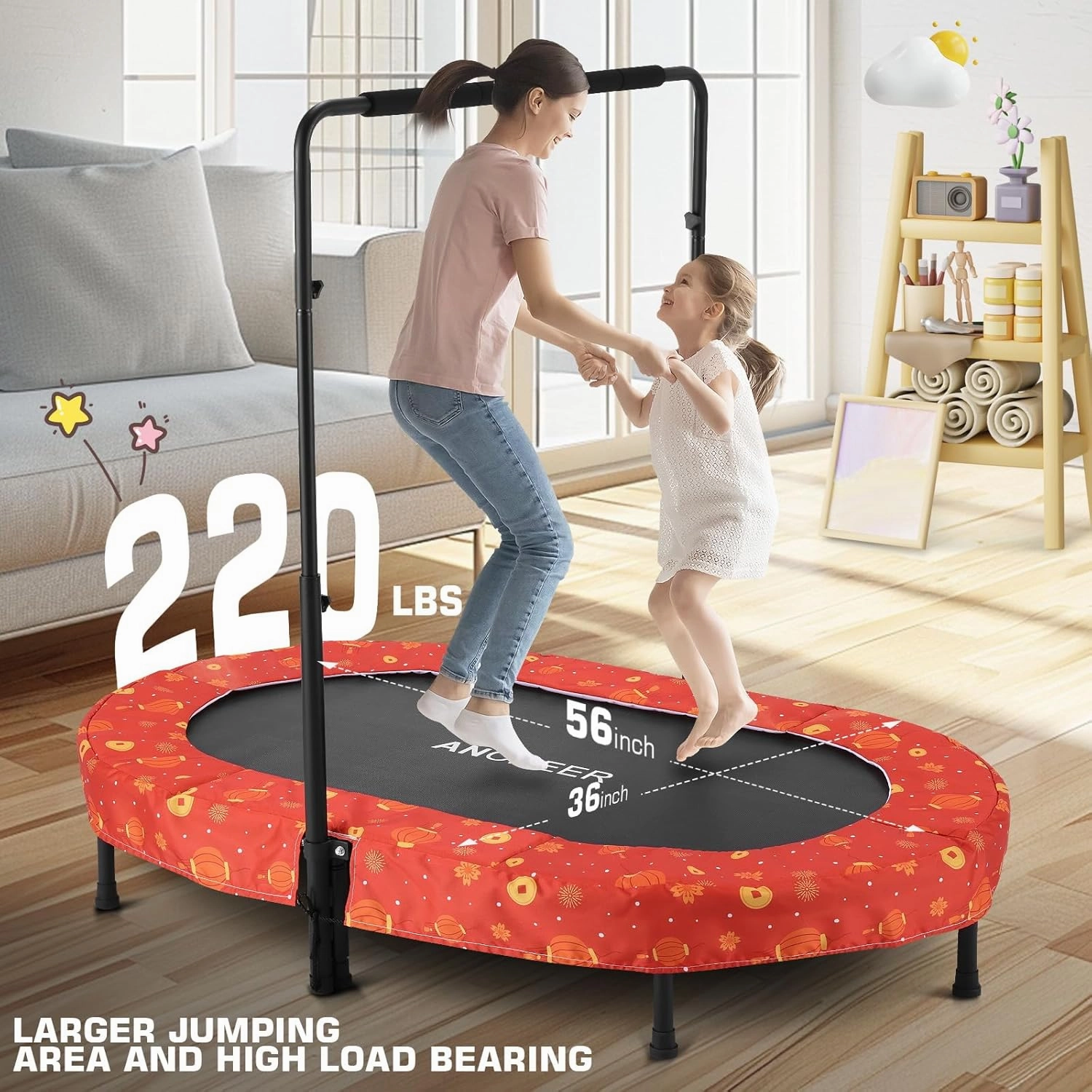 ANCHEER 56" Double Mini Trampoline for Kids, Mini Rebounder with 5-Level Adjustable Handle, Parent-Child Trampoline for Kids, Max Load 220lbs, Fun for Indoor/Outdoor