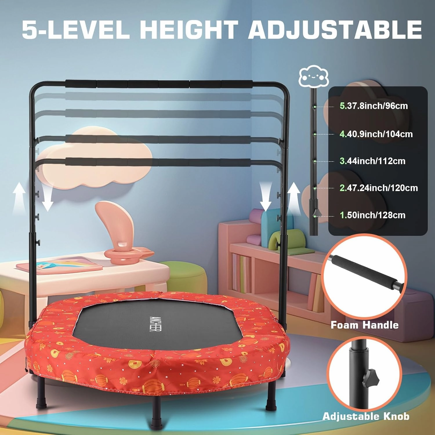 ANCHEER 56" Double Mini Trampoline for Kids, Mini Rebounder with 5-Level Adjustable Handle, Parent-Child Trampoline for Kids, Max Load 220lbs, Fun for Indoor/Outdoor