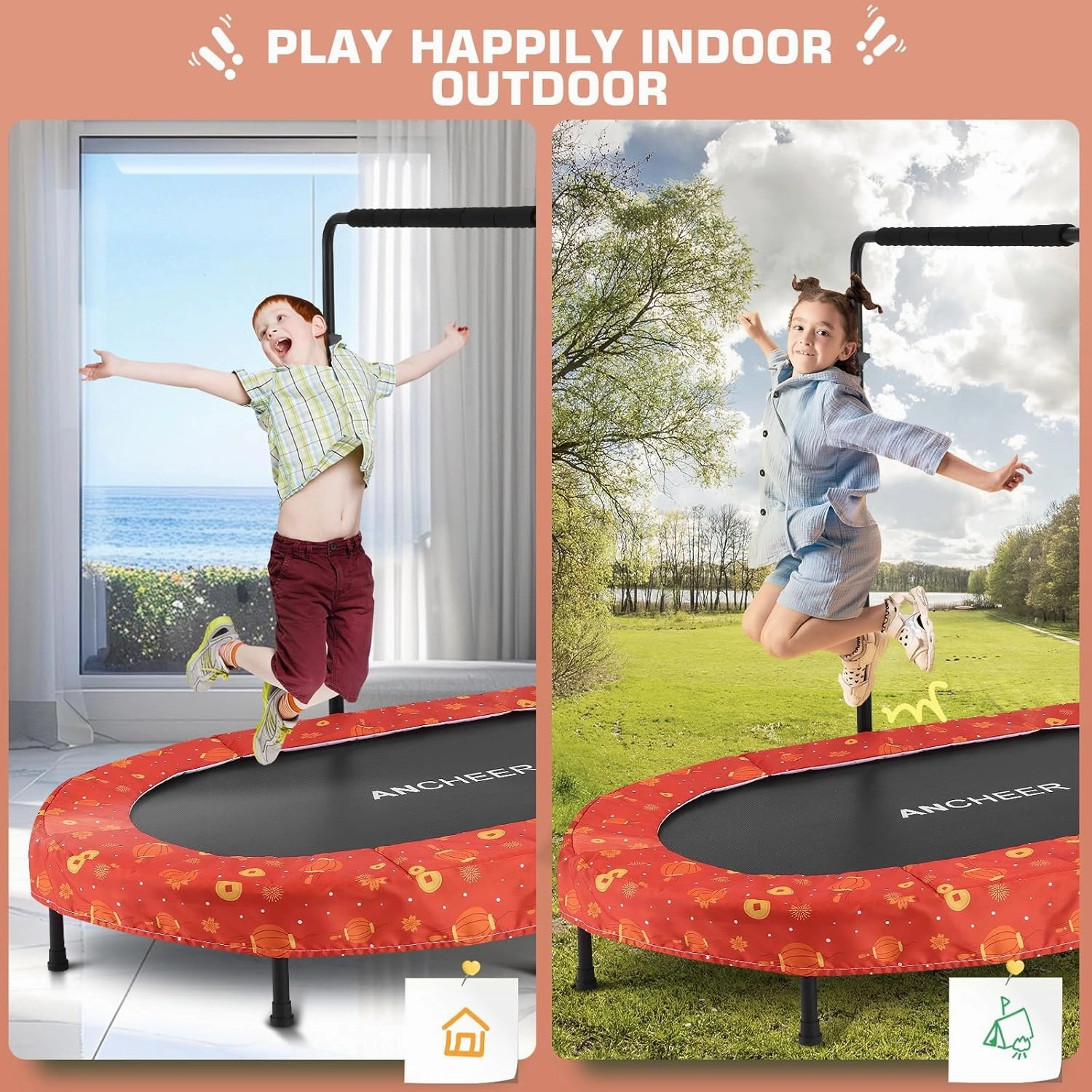 ANCHEER 56" Double Mini Trampoline for Kids, Mini Rebounder with 5-Level Adjustable Handle, Parent-Child Trampoline for Kids, Max Load 220lbs, Fun for Indoor/Outdoor