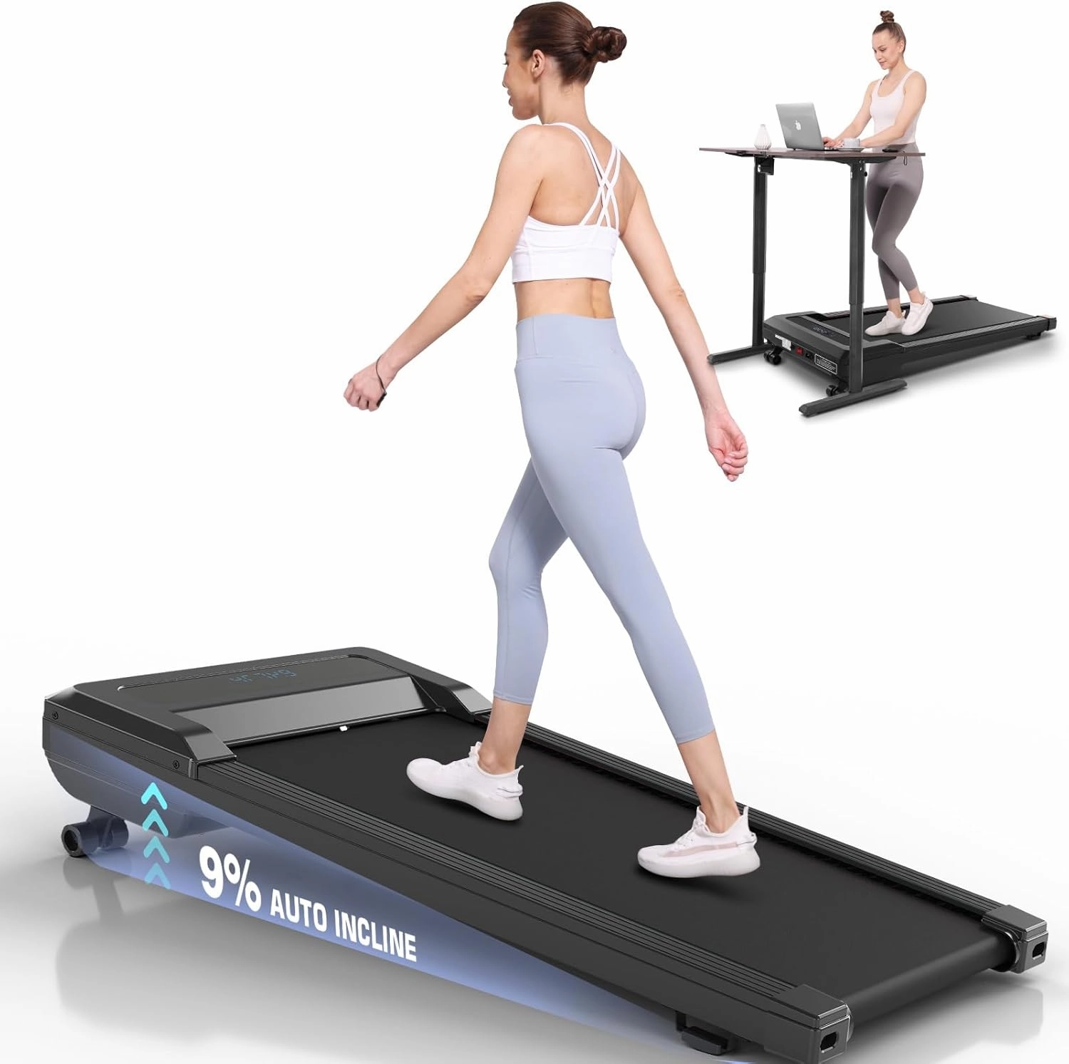 ANCHEER Walking Pad Treadmill with Auto Incline, 9% Incline 2.5HP Under Desk Tredamill with Remote Control for Home Office, LCD Display/300LBS Weight Capacity/8 Adjustable Slopes(Dark Black Light)