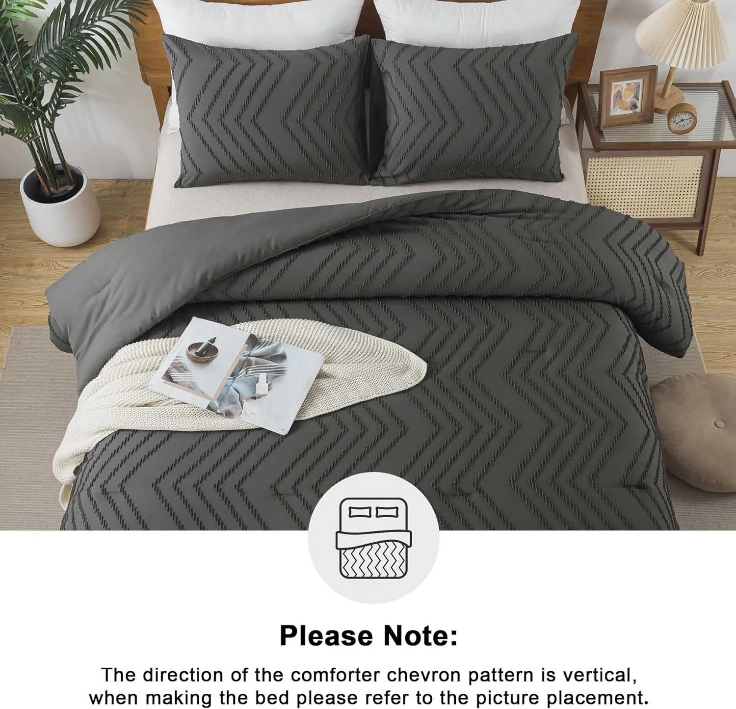 Andency Dark Grey Comforter Set Queen Size, Boho Soft Warm Tufted Bedding Comforter Sets for Queen Size Bed, 3 Pieces Aesthetic Chevron Farmhouse Cute Bohemian Textured Bed Set