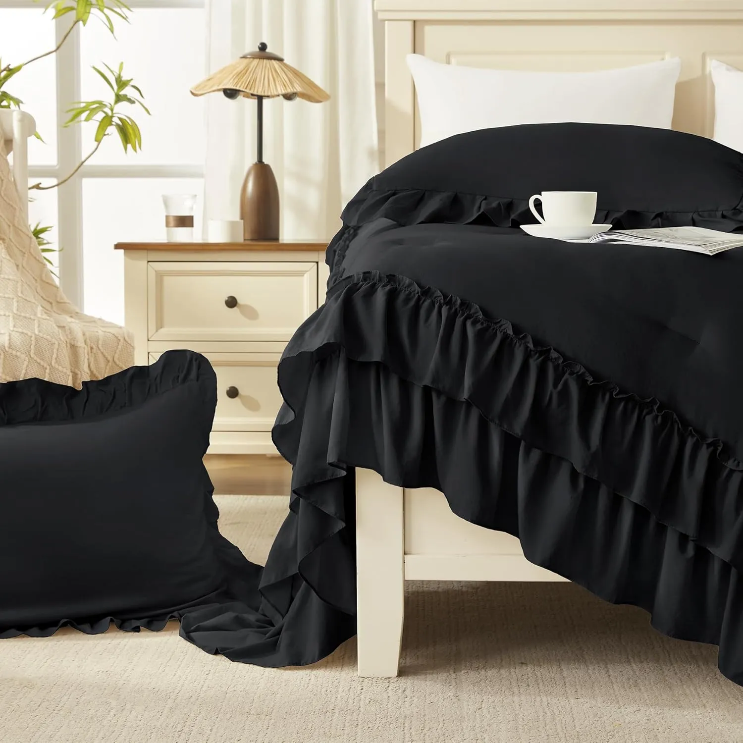 Andency Super King Ruffle Comforter Set, 3 Pieces Thick Shabby Chic Farmhouse Bedding Set, Lightweight Soft Cozy Oversized King Comforter Set 120x120 for Adults (1 Comforter 2 Pillowcases), Black