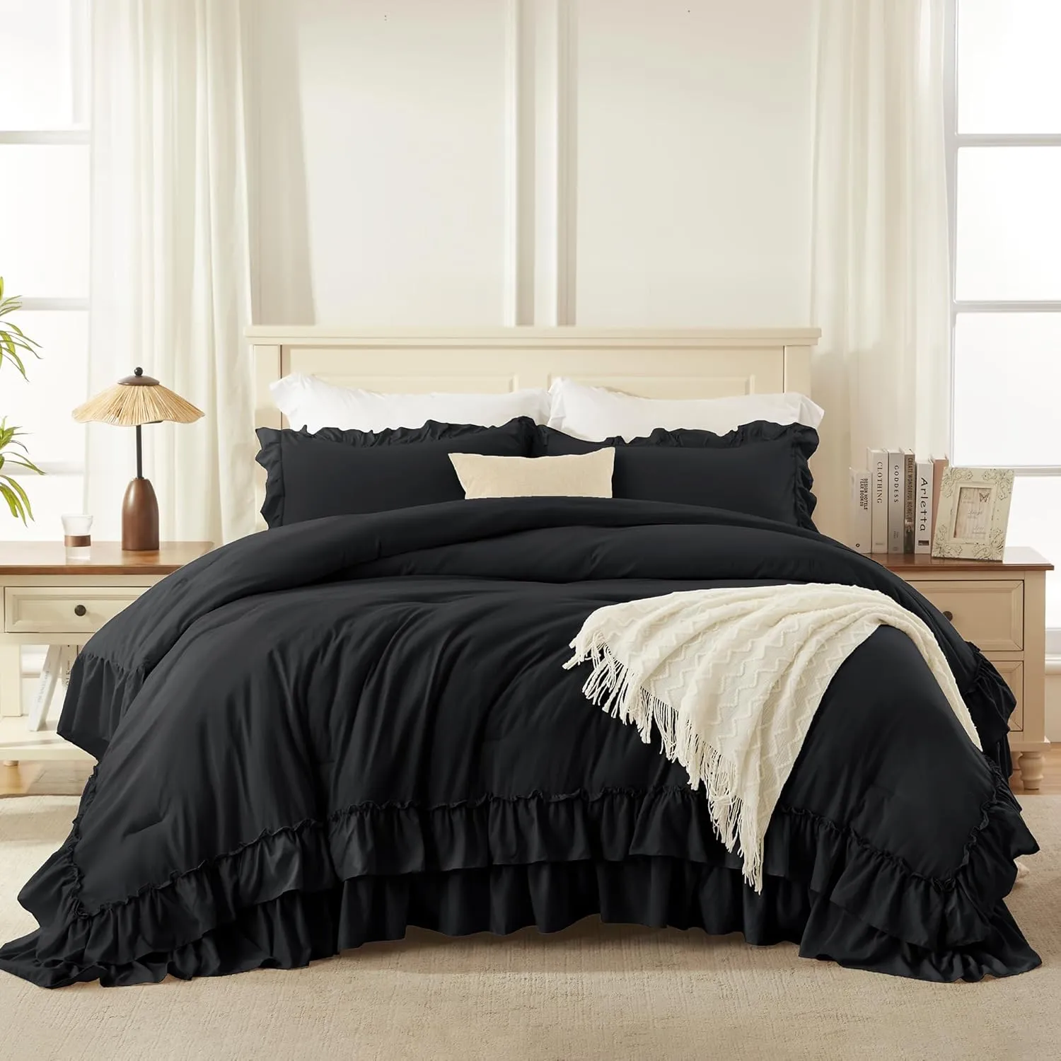 Andency Super King Ruffle Comforter Set, 3 Pieces Thick Shabby Chic Farmhouse Bedding Set, Lightweight Soft Cozy Oversized King Comforter Set 120x120 for Adults (1 Comforter 2 Pillowcases), Black