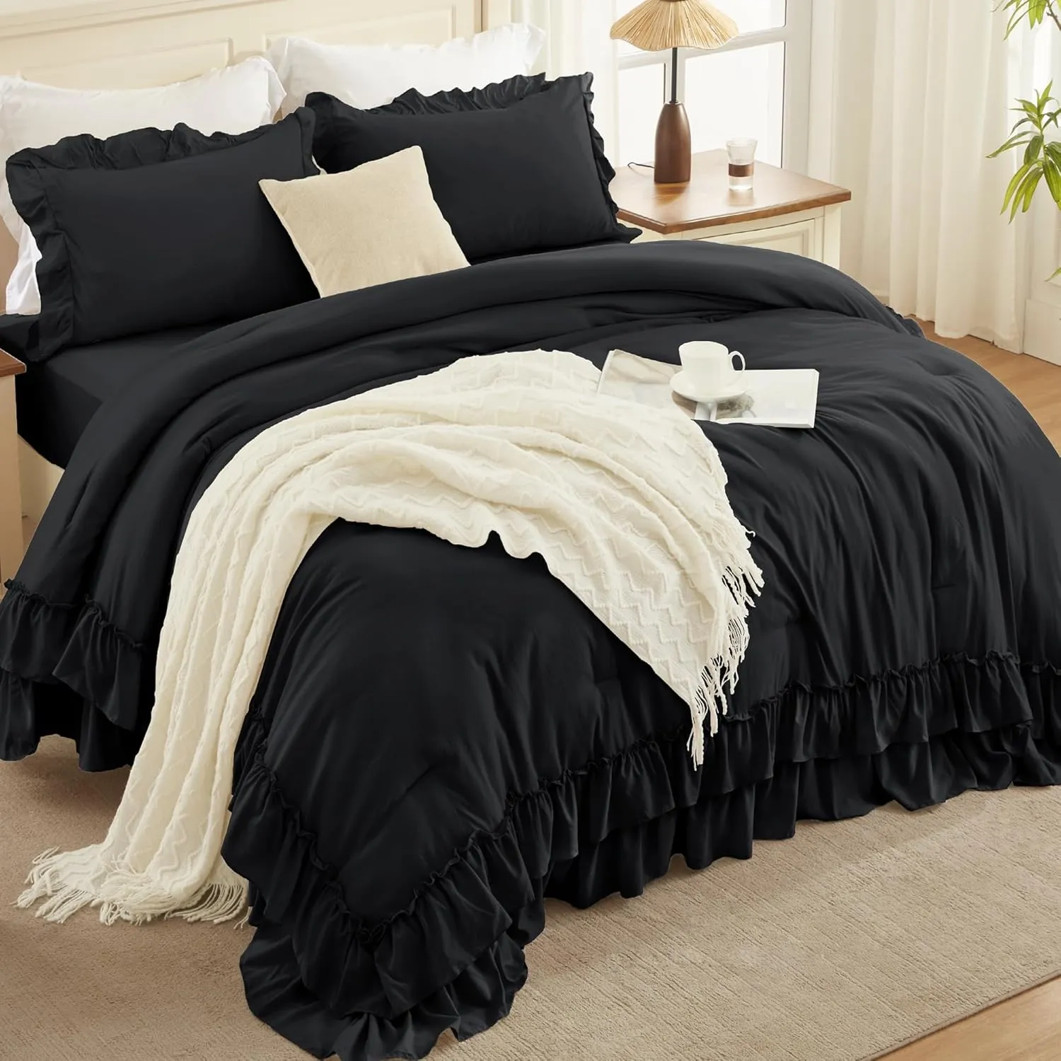 Andency Super King Ruffle Comforter Set, 3 Pieces Thick Shabby Chic Farmhouse Bedding Set, Lightweight Soft Cozy Oversized King Comforter Set 120x120 for Adults (1 Comforter 2 Pillowcases), Black
