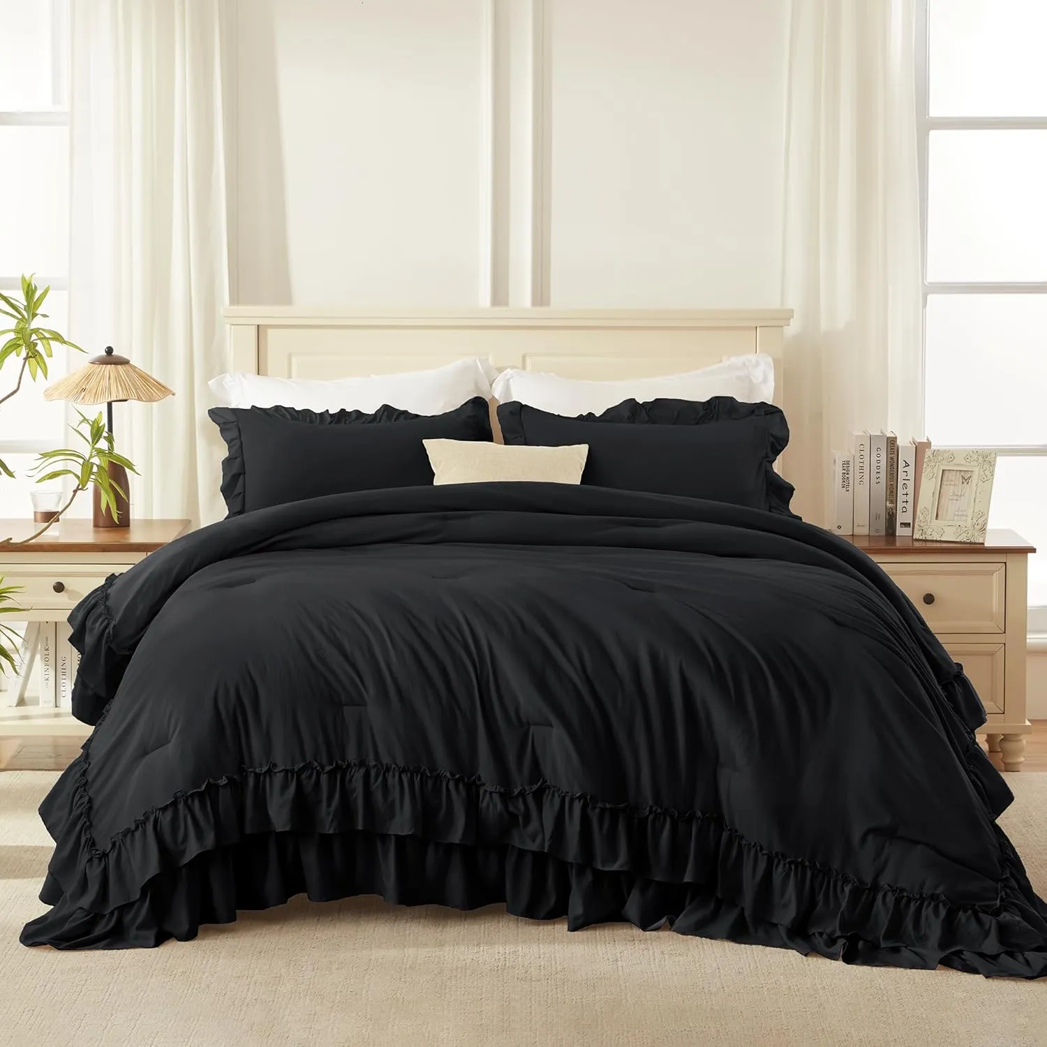 Andency Super King Ruffle Comforter Set, 3 Pieces Thick Shabby Chic Farmhouse Bedding Set, Lightweight Soft Cozy Oversized King Comforter Set 120x120 for Adults (1 Comforter 2 Pillowcases), Black