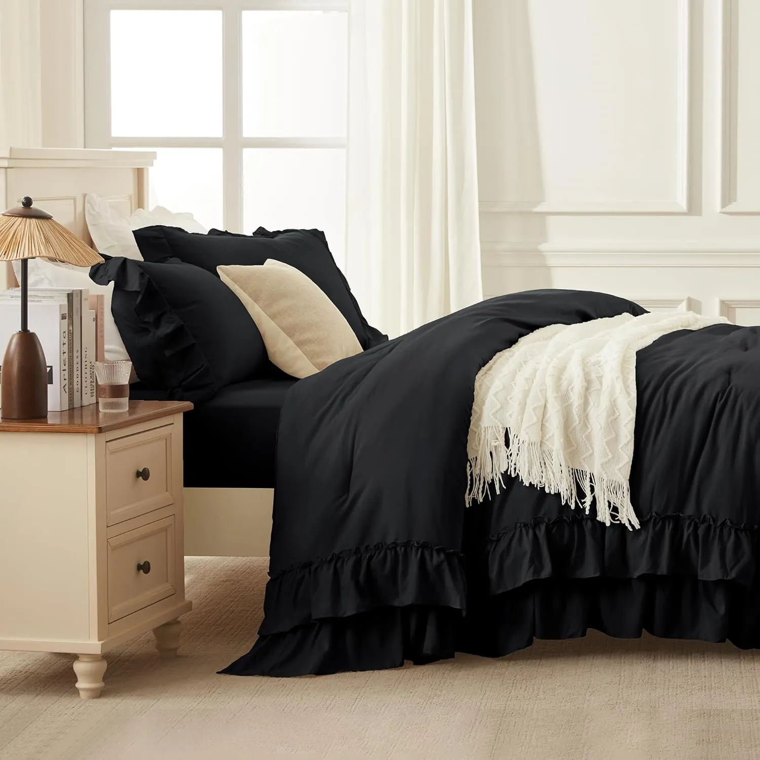 Andency Super King Ruffle Comforter Set, 3 Pieces Thick Shabby Chic Farmhouse Bedding Set, Lightweight Soft Cozy Oversized King Comforter Set 120x120 for Adults (1 Comforter 2 Pillowcases), Black