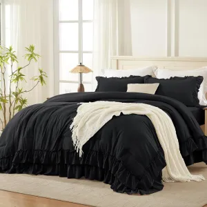 Andency Super King Ruffle Comforter Set, 3 Pieces Thick Shabby Chic Farmhouse Bedding Set, Lightweight Soft Cozy Oversized King Comforter Set 120x120 for Adults (1 Comforter 2 Pillowcases), Black