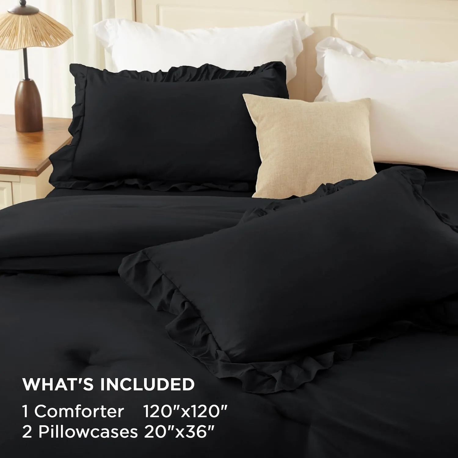 Andency Super King Ruffle Comforter Set, 3 Pieces Thick Shabby Chic Farmhouse Bedding Set, Lightweight Soft Cozy Oversized King Comforter Set 120x120 for Adults (1 Comforter 2 Pillowcases), Black