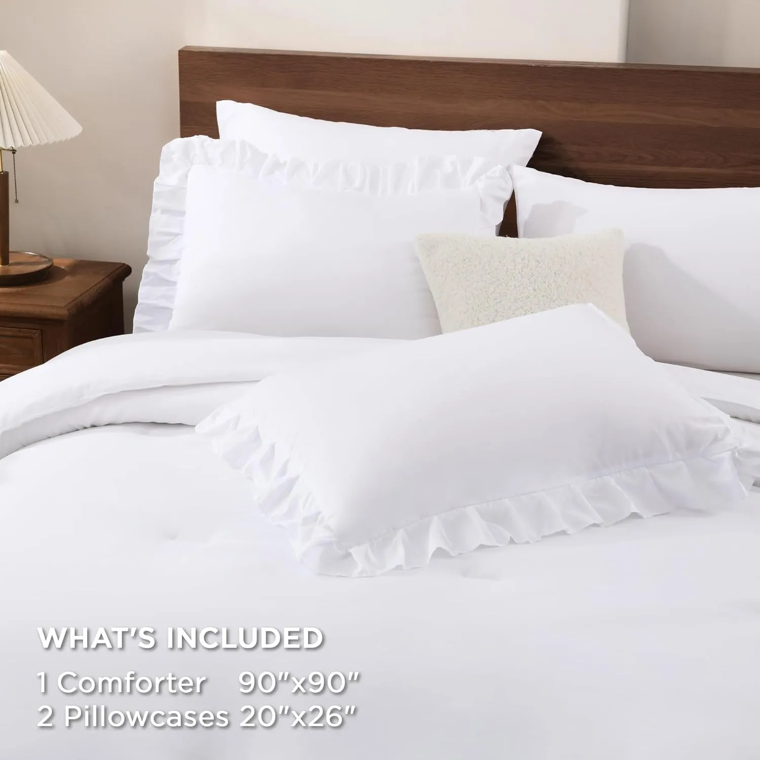 Andency White Comforter Set Queen Size, Lightweight Fluffy Farmhouse White Ruffle Bedding Set, Soft Microfiber All Season Shabby Chic Bed Comforter Set 3 Pieces(1 Ruffle Comforter 2 Pillowcases)