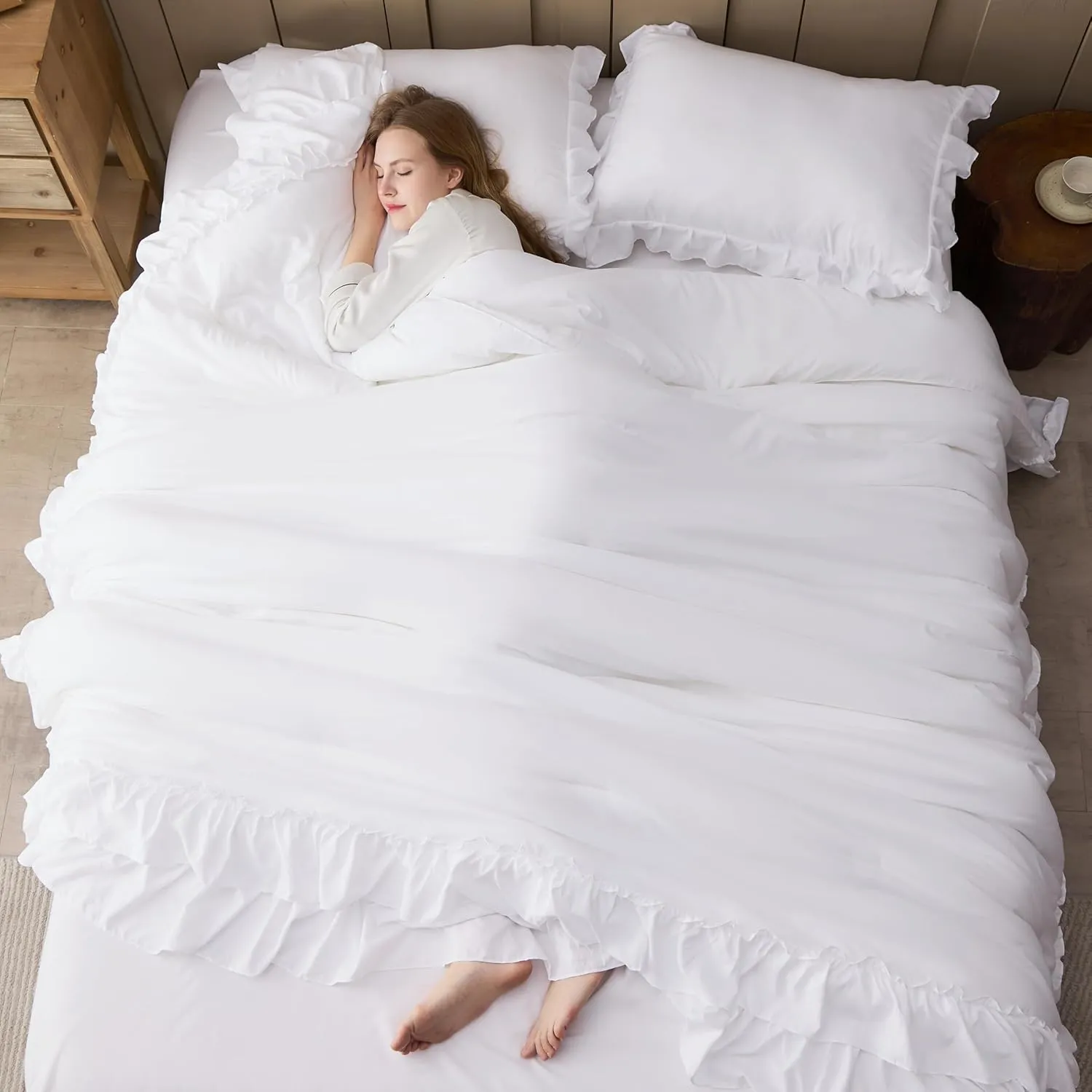 Andency White Comforter Set Queen Size, Lightweight Fluffy Farmhouse White Ruffle Bedding Set, Soft Microfiber All Season Shabby Chic Bed Comforter Set 3 Pieces(1 Ruffle Comforter 2 Pillowcases)