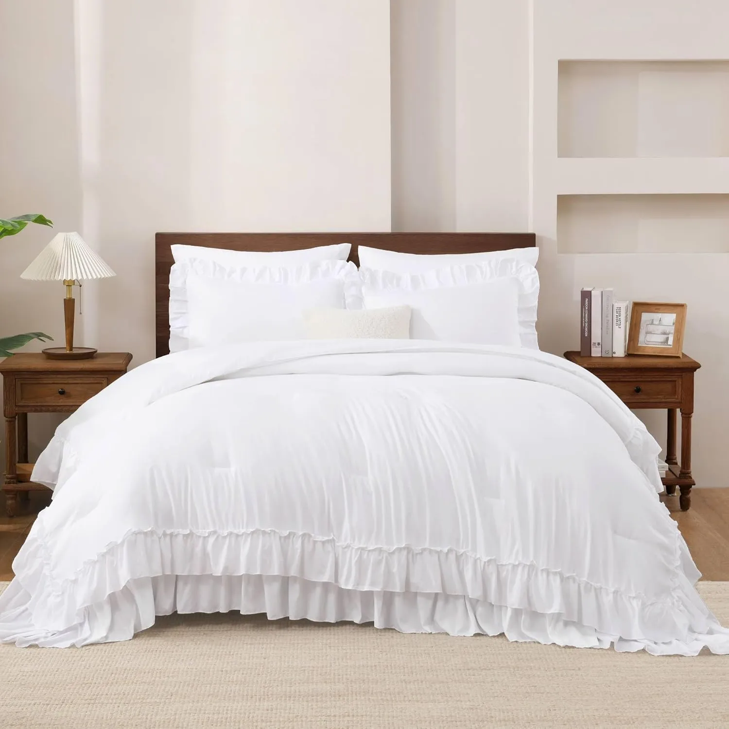 Andency White Comforter Set Queen Size, Lightweight Fluffy Farmhouse White Ruffle Bedding Set, Soft Microfiber All Season Shabby Chic Bed Comforter Set 3 Pieces(1 Ruffle Comforter 2 Pillowcases)