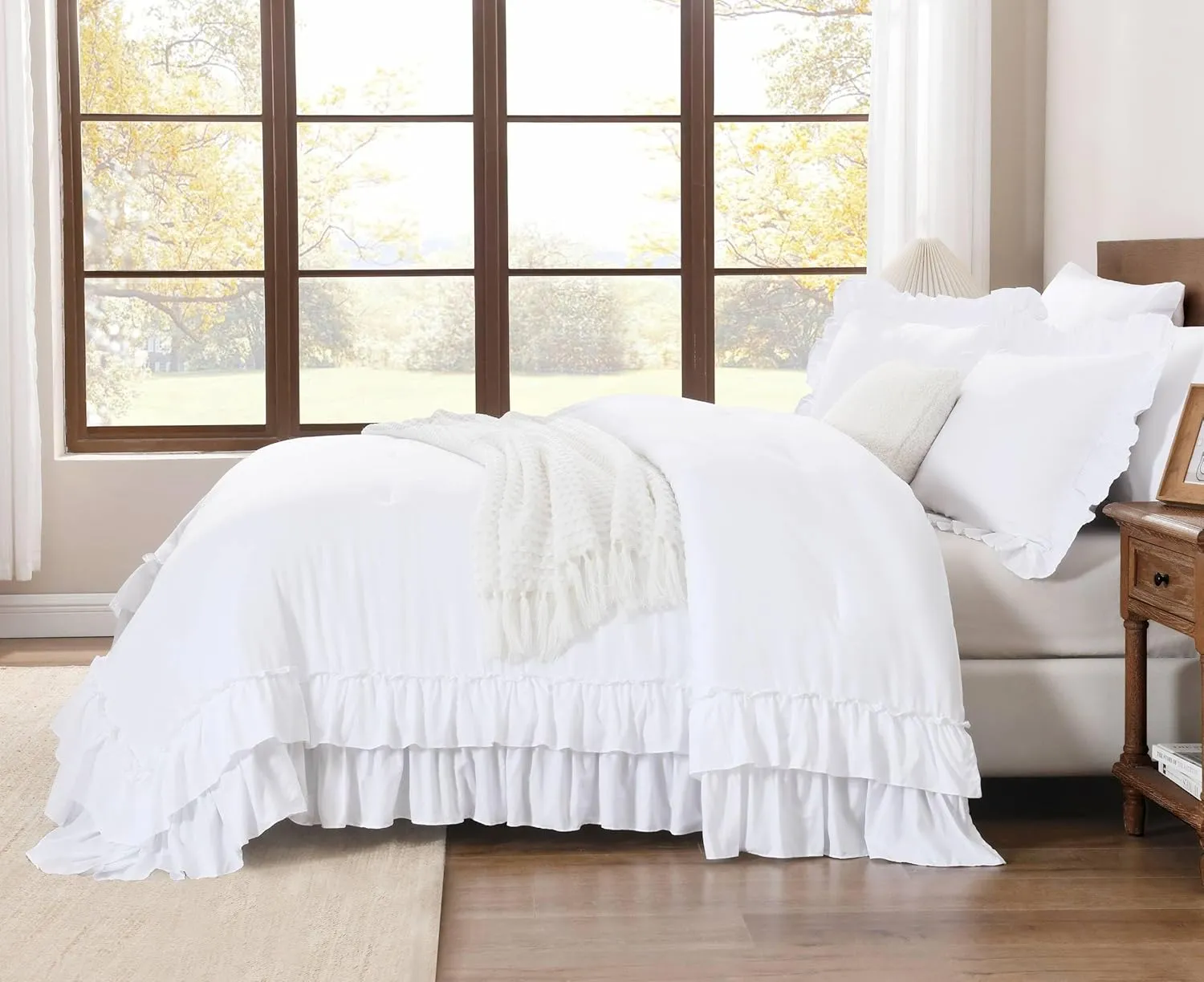 Andency White Comforter Set Queen Size, Lightweight Fluffy Farmhouse White Ruffle Bedding Set, Soft Microfiber All Season Shabby Chic Bed Comforter Set 3 Pieces(1 Ruffle Comforter 2 Pillowcases)
