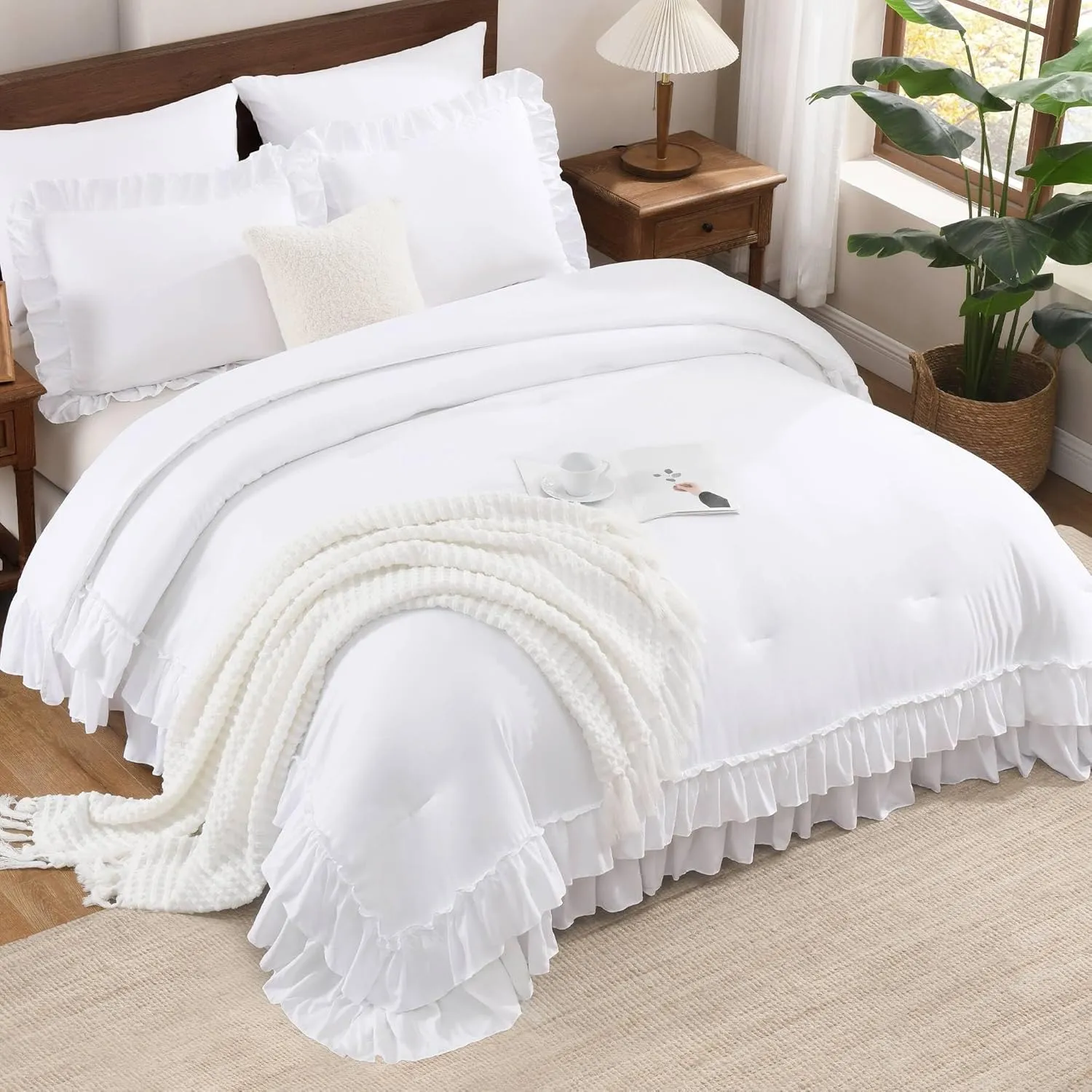 Andency White Comforter Set Queen Size, Lightweight Fluffy Farmhouse White Ruffle Bedding Set, Soft Microfiber All Season Shabby Chic Bed Comforter Set 3 Pieces(1 Ruffle Comforter 2 Pillowcases)