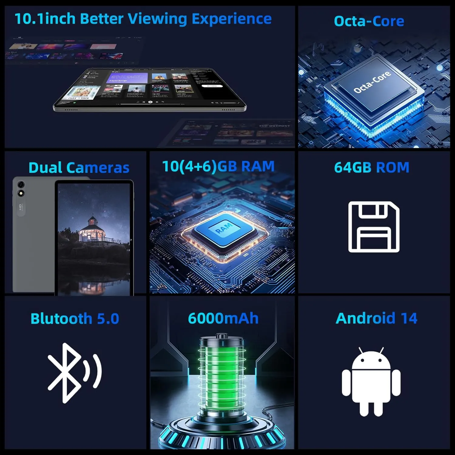 Android 14 Tablet,10 inch Tablets, Octa Core Processor, 10GB 64GB 512GB Expansion, 1280x800 HD IPS Display Screen, Wi-Fi6, Dual Camera, 6000mAh Battery Tablet PC,Support Widevine L1 Google Kids Space