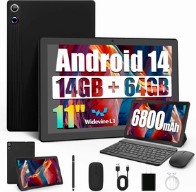 Android Tablet, 14GB RAM 64GB ROM (TF 1TB), 11 inch Android 14 Octa-Core, 6800mAh, Widevine L1, WiFi 6, 8 in 1 Tablet with Keyboard, Mouse, Protective Case, Stylus, Headset, Charger- Black