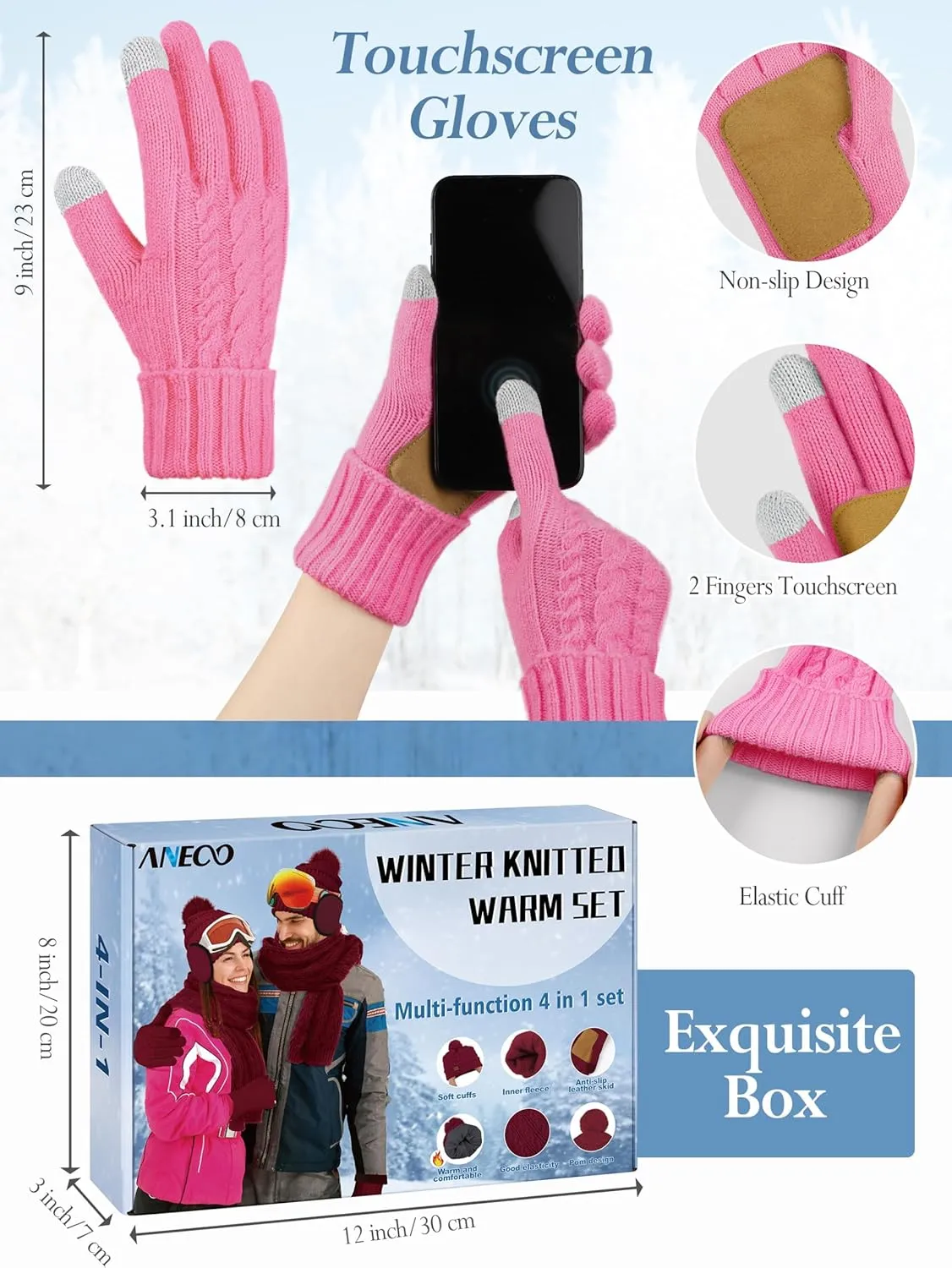 Aneco 4-in-1 Women Winter Beanie Hat Scarf Touchscreen Gloves Ear Warmer Set Fleece Lined Warm Knit Skull Cap with Pom Pom