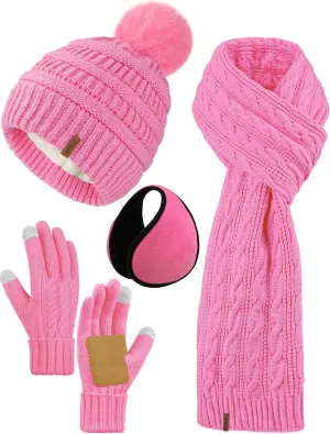 Aneco 4-in-1 Women Winter Beanie Hat Scarf Touchscreen Gloves Ear Warmer Set Fleece Lined Warm Knit Skull Cap with Pom Pom