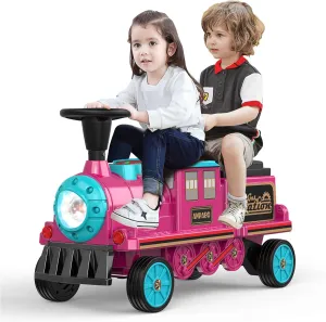 ANPABO 2-Seater Ride On Train Trackless, 12V Kids Car with Height-Adjustable Seat, Extra Storage, Headlight, Train Whistle & Music, Electric Car for Kids 3  (Carriage Not Included), Rose Red