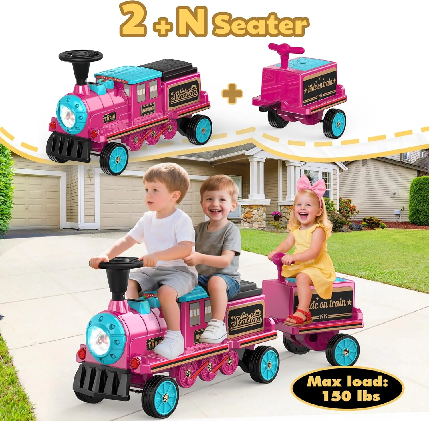 ANPABO 2-Seater Ride On Train Trackless, 12V Kids Car with Height-Adjustable Seat, Extra Storage, Headlight, Train Whistle & Music, Electric Car for Kids 3  (Carriage Not Included), Rose Red