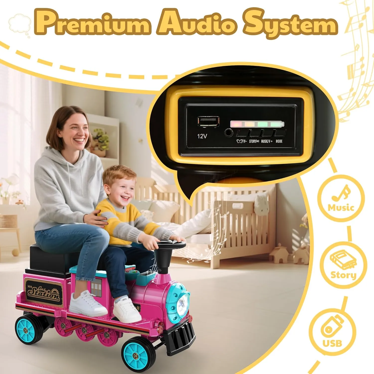 ANPABO 2-Seater Ride On Train Trackless, 12V Kids Car with Height-Adjustable Seat, Extra Storage, Headlight, Train Whistle & Music, Electric Car for Kids 3  (Carriage Not Included), Rose Red